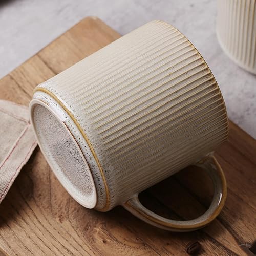 Miniatura 8 de MONITO Juego de 4 tazas de café de 16 onzas, tazas de café rústicas de cerámica con asa grande, tazas de café de gres vintage a rayas para café con