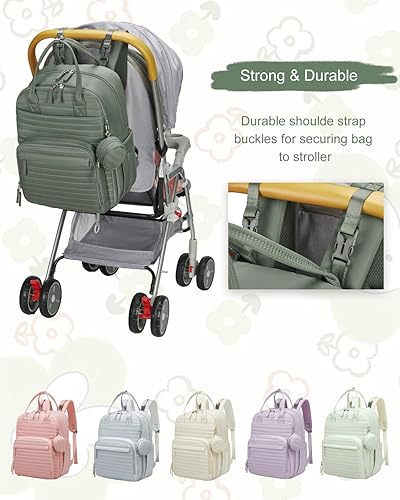 Miniatura 3 de Somago Mochila para pañales para bebé, mochila multifunción para viajes, bolsa de bebé con cambiador, correa para cochecito, Verde oscuro, Mochila
