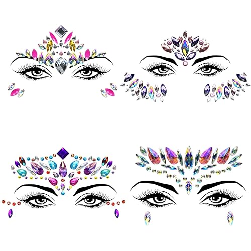 Allruyee 4 paquetes de joyas para la cara, gemas de sirena con purpurina de cristal, calcomanías de cristal impermeables para ojos, tatuajes