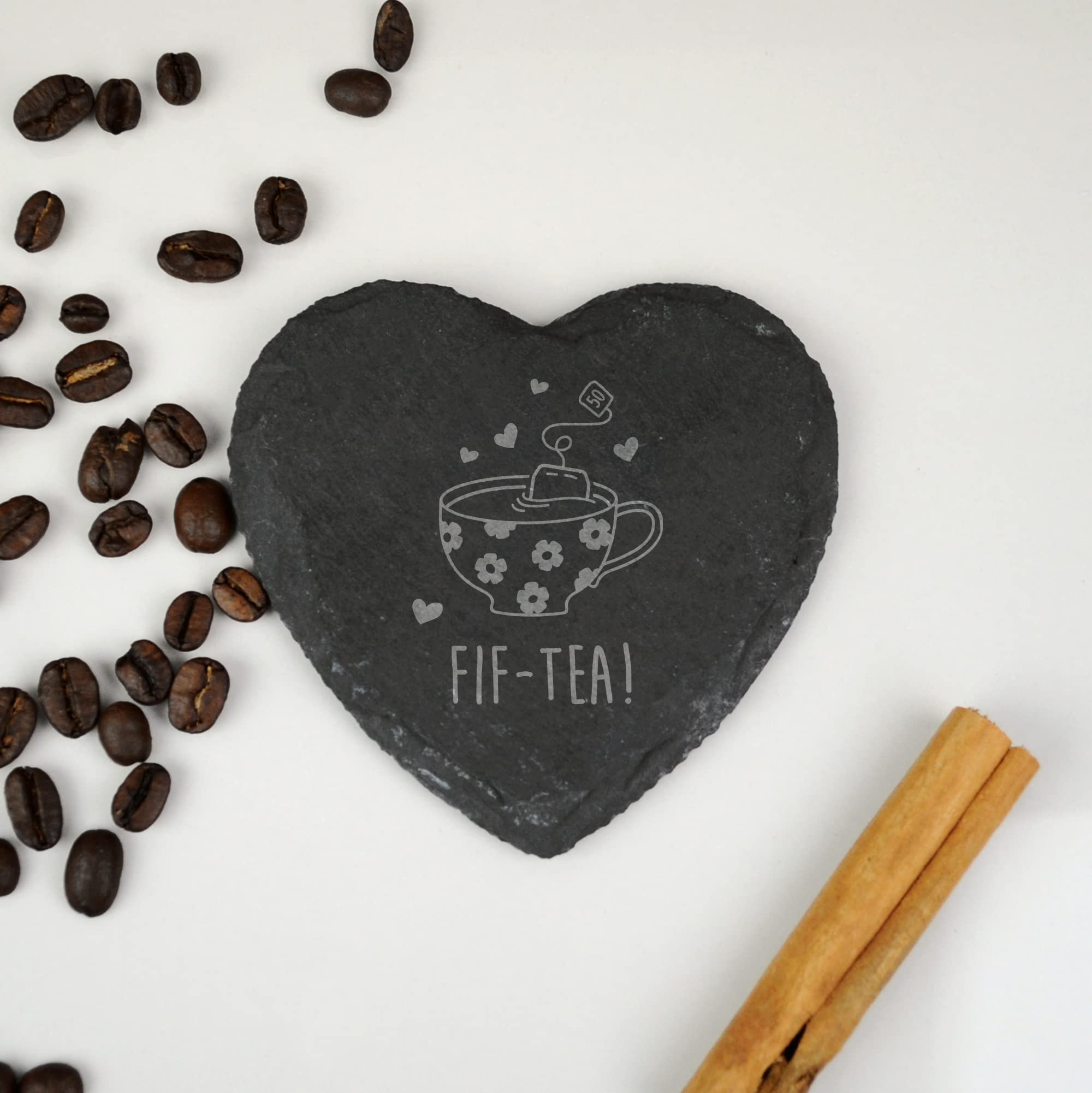 eBuyGB Engraved Heart Slate Coaster -FIF-Tea Design - 50th Birthday Gifts for Women, Her - Fiftieth Birthday Gift for Mum, Friend, Sister, Grandma - Drinks Mat, Grey