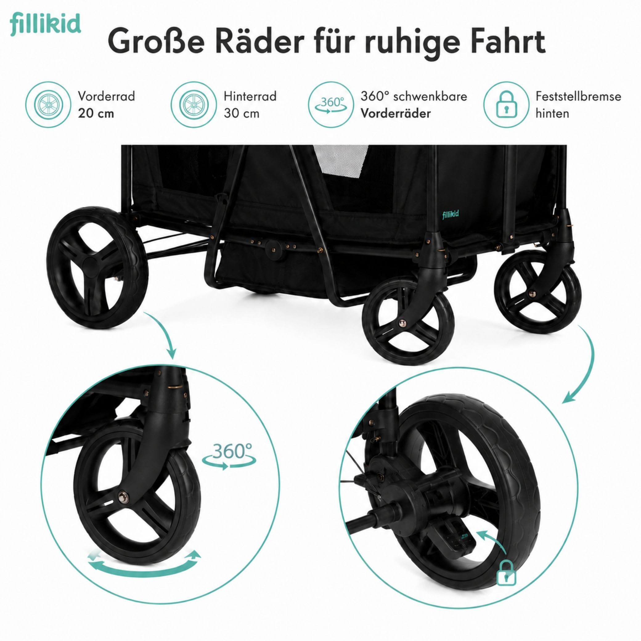 Fillikid Bollerwagen Oskar Exklusiv I Faltbarer Handwagen mit Dach, Schiebegriff I Transportwagen für Kinder & Gepäck, belastbar bis 88 kg I stabil & platzsparend klappbar I 2-Sitzer mit Gurtsystem