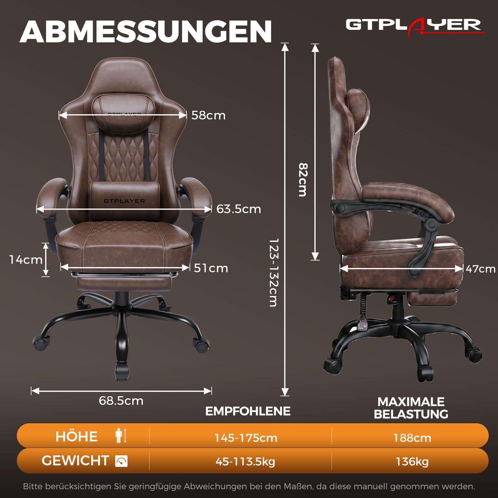 GTPLAYER Gaming Stuhl, Bürostuhl, Ergonomischer PC Stuhl, Höhenverstellbarer Drehstuhl,Armlehnen mit Synchronmechanik, Lendenkissen, Kopfkissen, bis 150 kg Belastbarkeit, Kunstleder, Retro-Braun