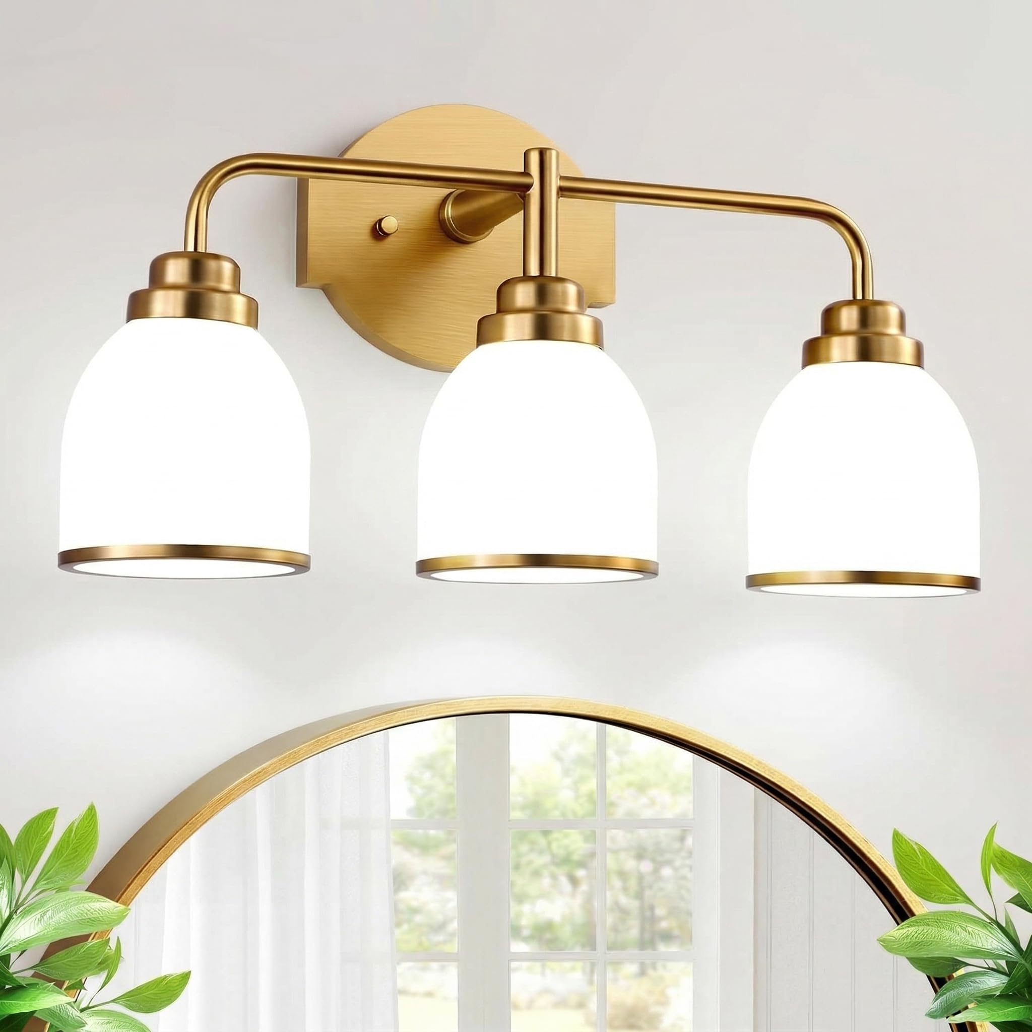 3-Light Bathroom Light Fixtures Brushed Gold Vanity Lights for Bathroom with Milk White Globe Glass Shade Vintage Bathroom