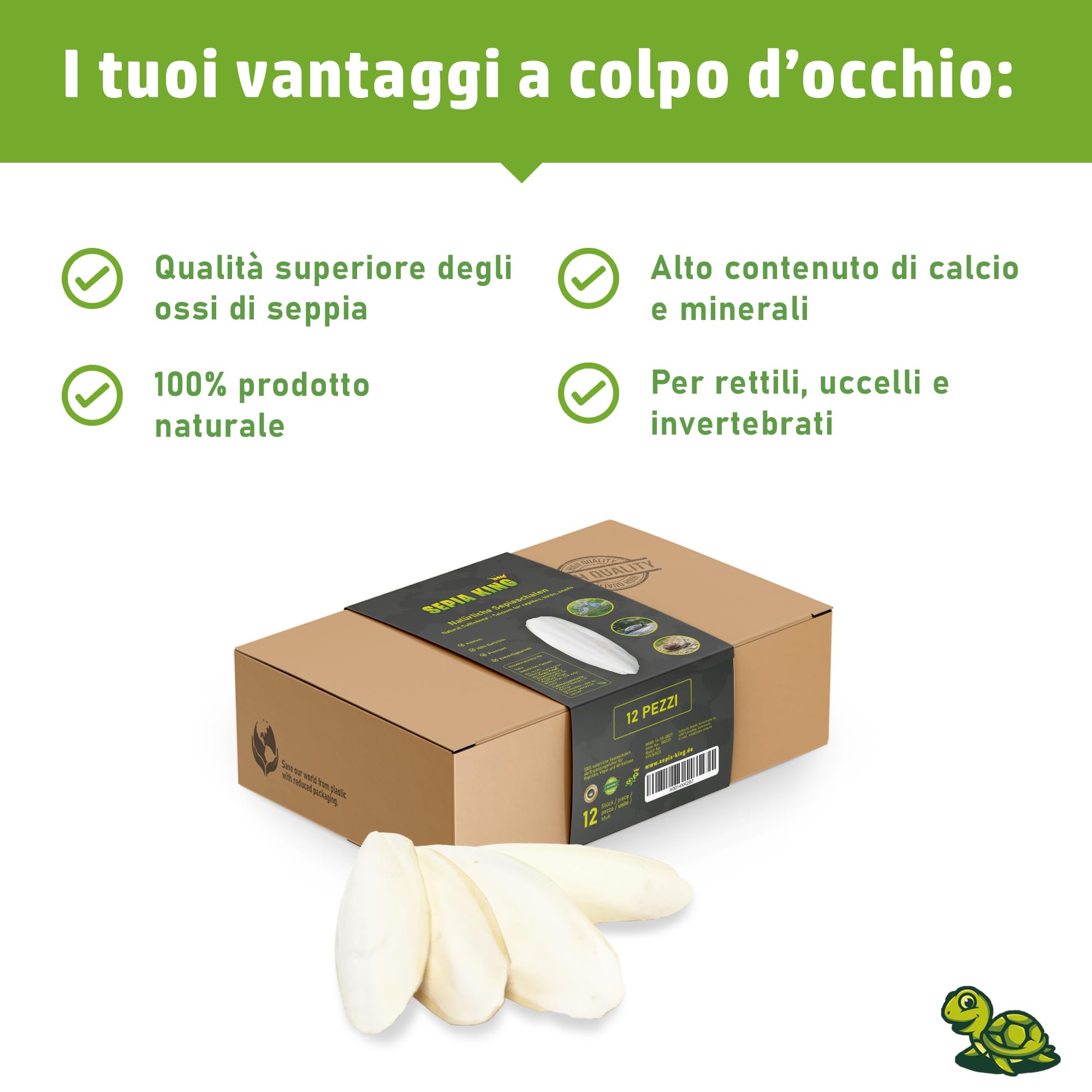 Sepia King - 12 Pezzi Ossi di Seppia per pappagalli, tartarughe, cocorite, canarini, lumache - 10-15cm Osso di seppia 100% naturale - Calcio per rettili, uccelli e invertebrati
