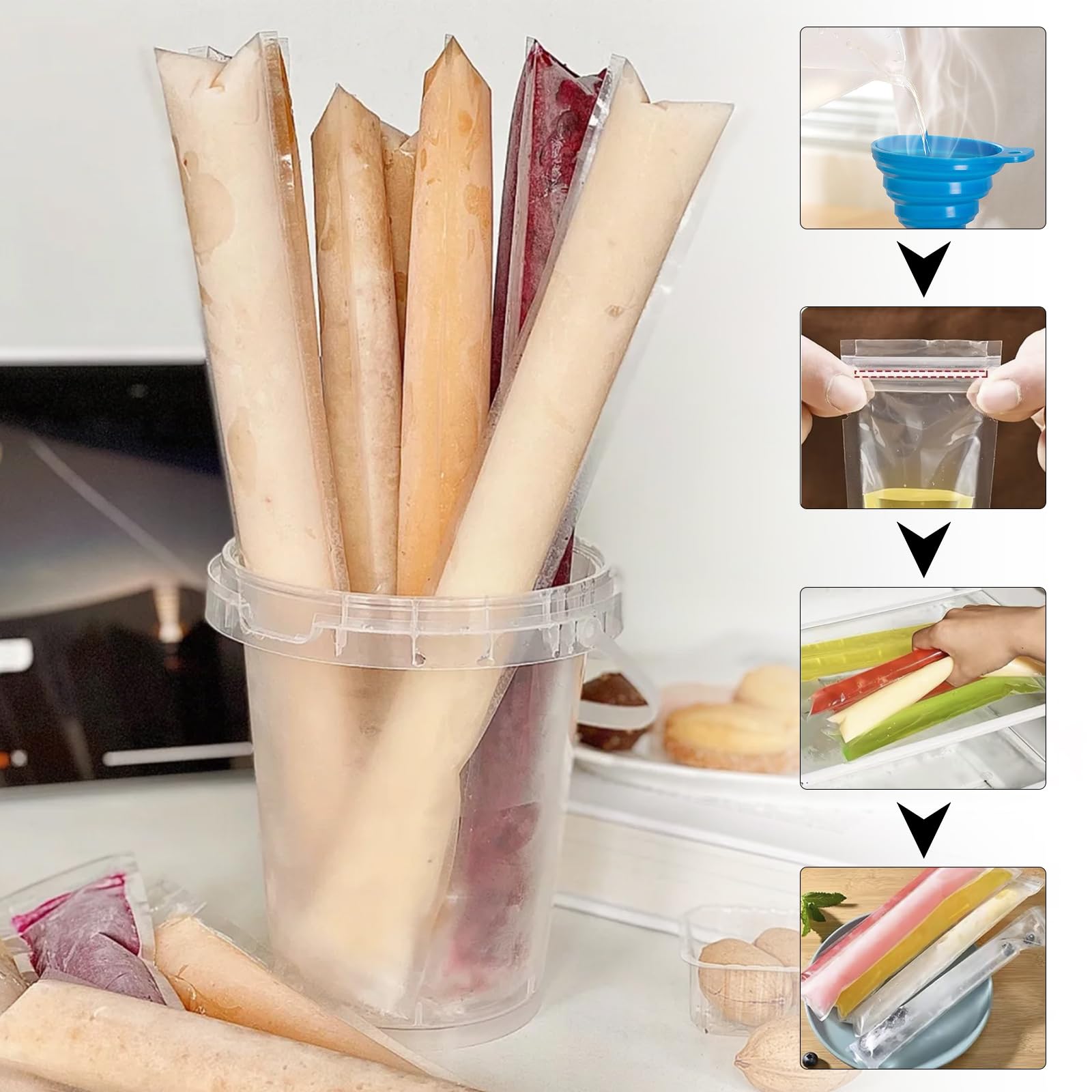 300 Stück Wassereis Tüten Wiederverwendbar Wassereis Tüten mit Trichter Popsicle Taschen 5.5x28cm Geeignet für Selbstgemachtes Eis Joghurtriegel Fruchtsmoothies und Säfte - 5