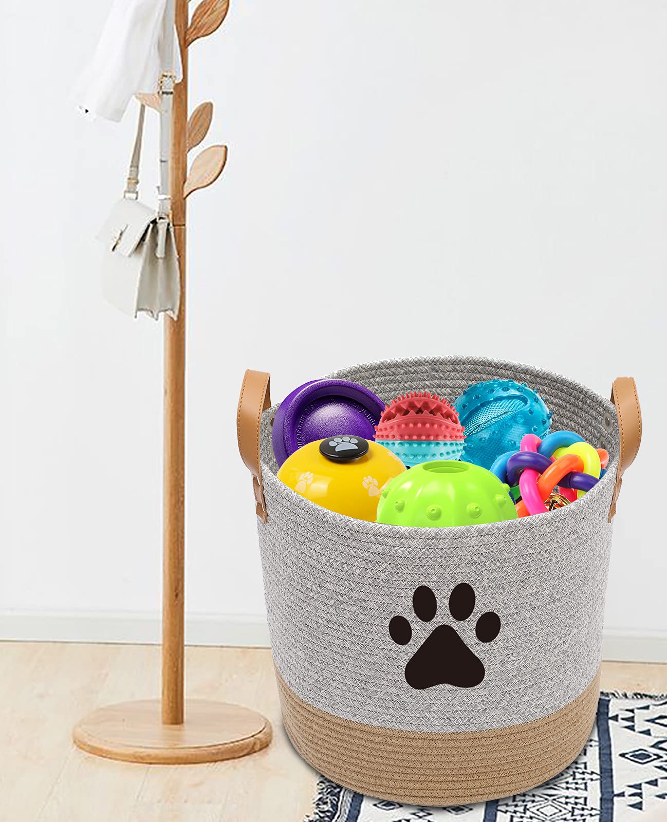 MOREZI canasta redonda grande para juguetes para mascotas, adecuada para guardar juguetes para perros y otros suministros para mascotas-Gris/Caqui