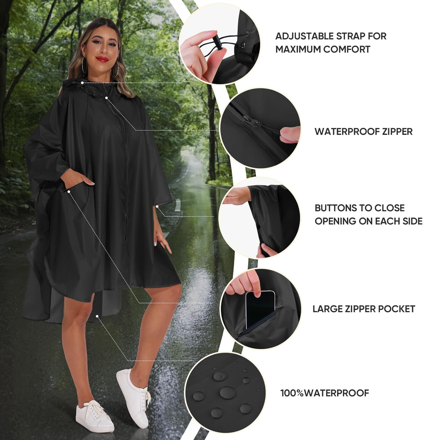 PTEROMY Hooded Rain Poncho for Adult with Pocket and Zipper, Waterproof Lightweight Raincoat for Men and Women - Image 6