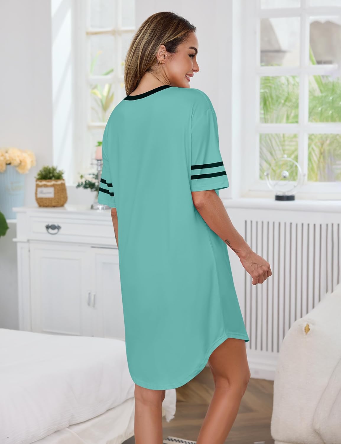 Marvmys Women Short Sleeve Nightgowns Comfy V Neck Nightshirt Casual Lounge Dress Sleepwear - Image 2