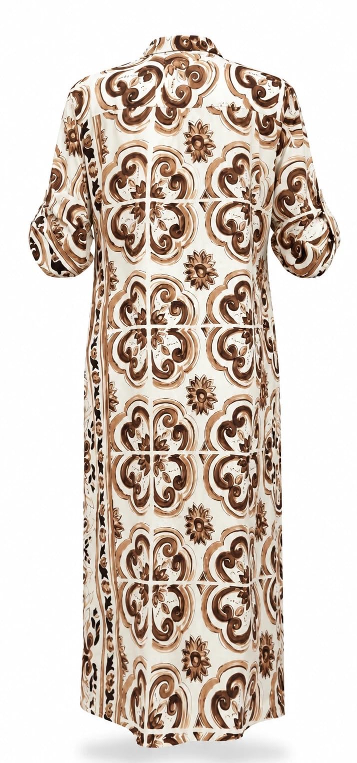 Linea Positano Copricostume Lungo Donna Abito Camicia in 100% Puro Cotone Leggero Maniche 3/4 Regolabili Vestito Mare Stampa Maiolica Barocca Taglia S/M