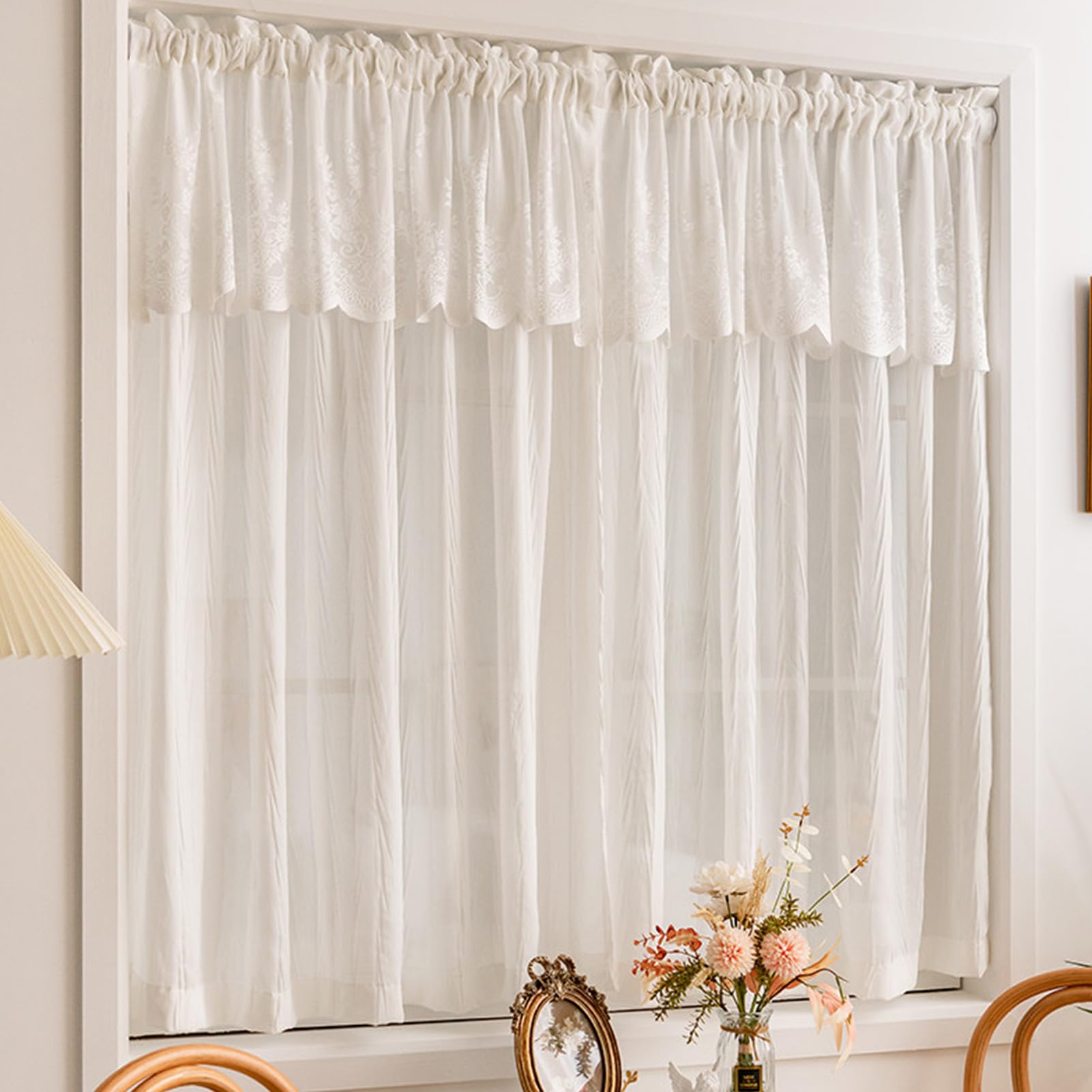 ZZYK Double Layer Top Curtain White Blackout Valances Privacy Lace Window Valance for Bathroom Living Room Cafe,Light Filtering Rustic Washed Short Curtains,Paste,79" W x 102" L