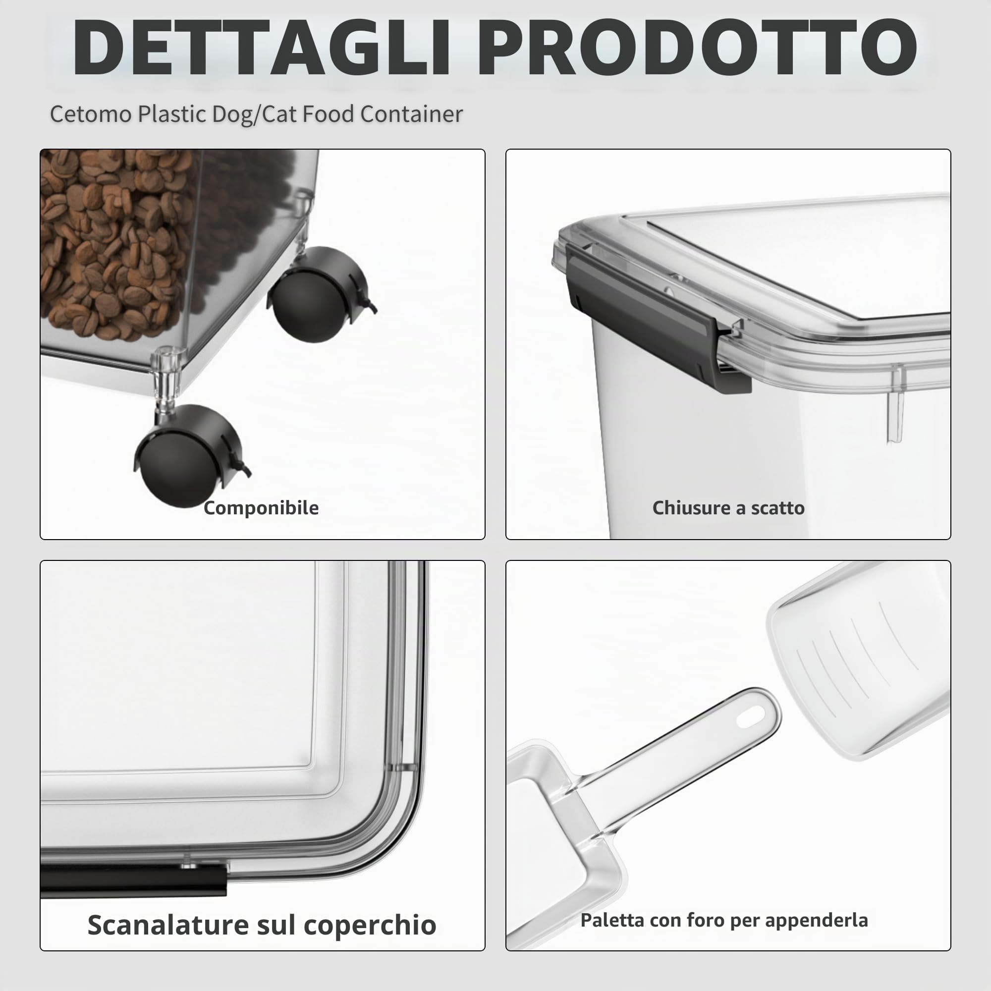 Cetomo 32L*3 Contenitori per Cibo per Cani Ermetici con Ruote, Guarnizione Silicone e Chiusura a Scatto, Scatole di Conservazione, Trasparente, 32L(12kg), 3 Unità