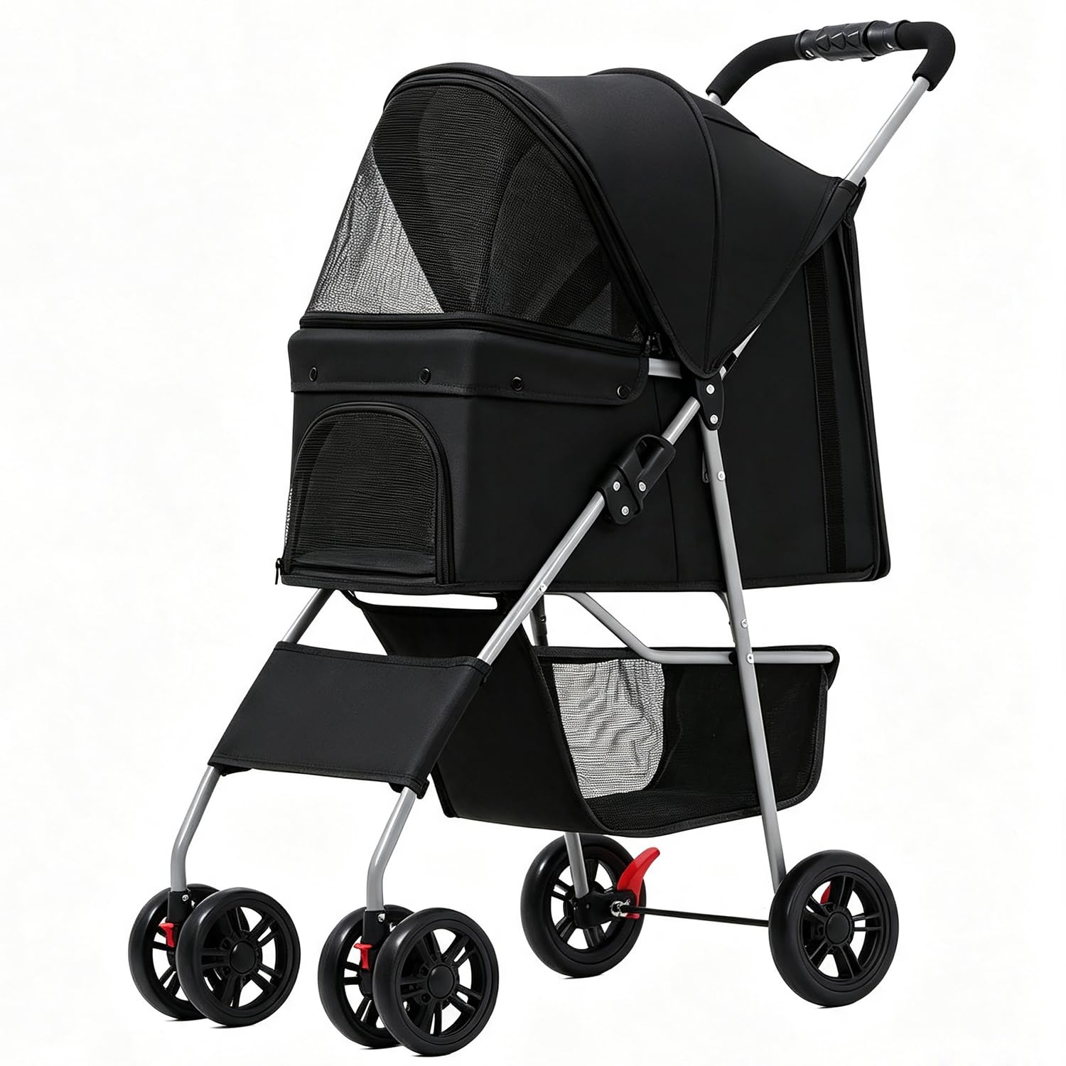 Hundewagen Hundebuggy faltbar Haustier Kinderwagen mit verstellbarem Sonnendach, Polster & Korb, Räder mit Bremse Getränkehaltern Speiseteller Katze & Kleintiere,Schwarz