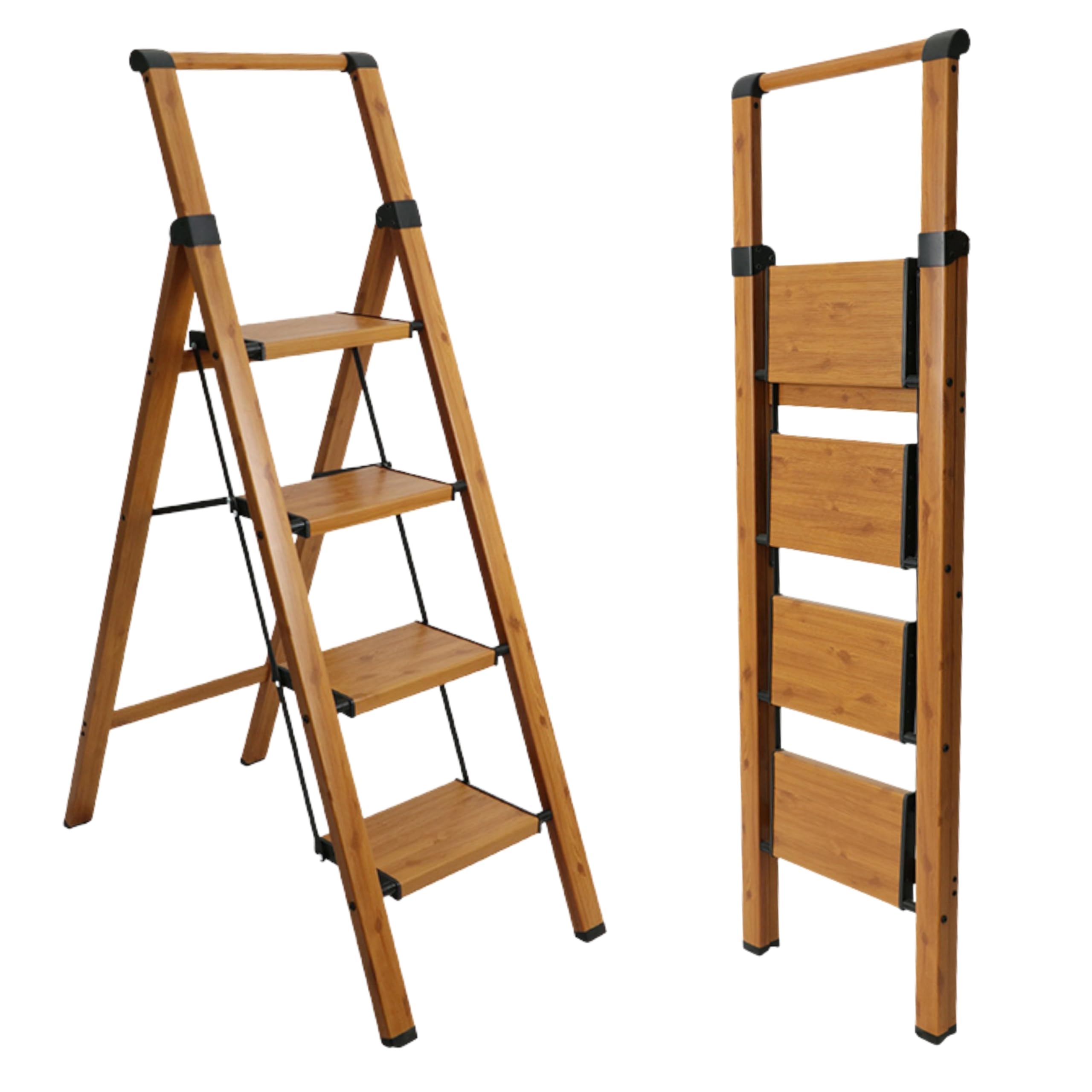 Escalera Plegable de Aluminio Efecto Madera para hogar, 4 peldaños, peldaños Anchos Antideslizantes, EN 131