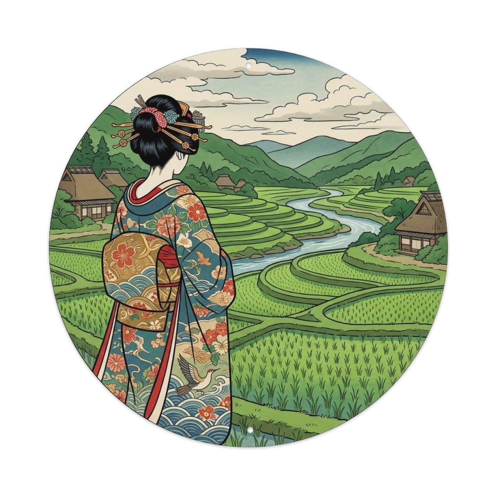 Yrnq 8X8inch Vintage Style Japanese Green Paddy Geisha Viewing Scene Metal Tin Sign