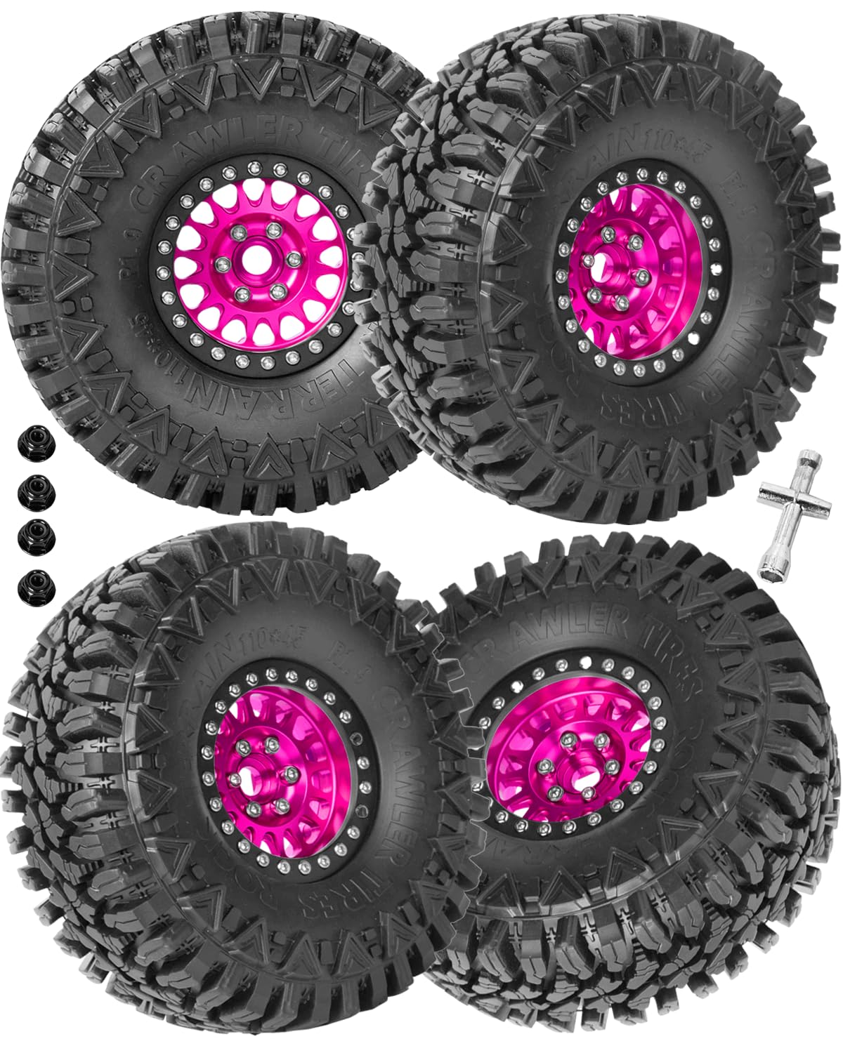 RcarmubWow RC 1.9in Beadlock Wheels and Tires for 1/10 TRX4,Axia1 SCX10 II 90046 SCX10 III,D90 RC Crawler Car,Alloy 1.9in rc Beadlock Rims,Soft Rubber 1.9in rc Beadlock Tires,4pcs,Pink