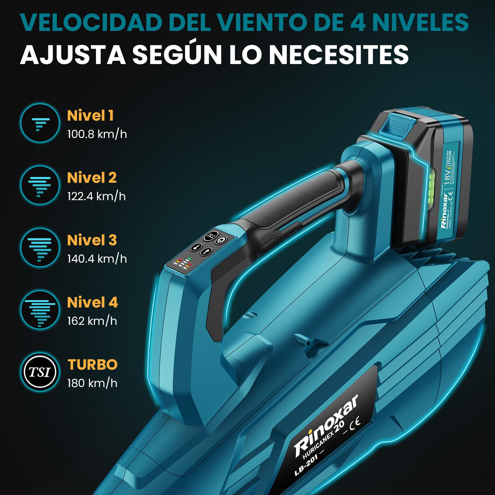Soplador de Hojas, 5 Velocidades Sopladora de Hojas con Bateria con Motor Brushless, 2 Baterías de 5.2Ah/18V, 35.000 RPM, Velocidad Aire 180 km/h, Vaudal Aire 800 m³/h, 2 Boquillas Intercambiables