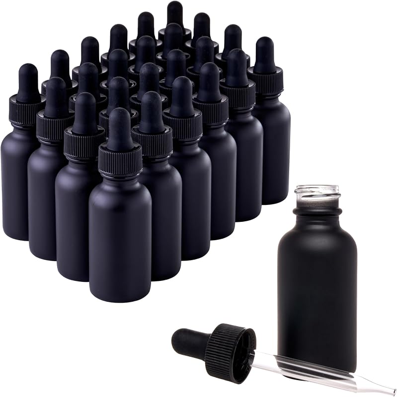 Frascos conta-gotas Boston Round pretos de vidro 30 mL com tampa preta Focus Nutrition, pacote com 24