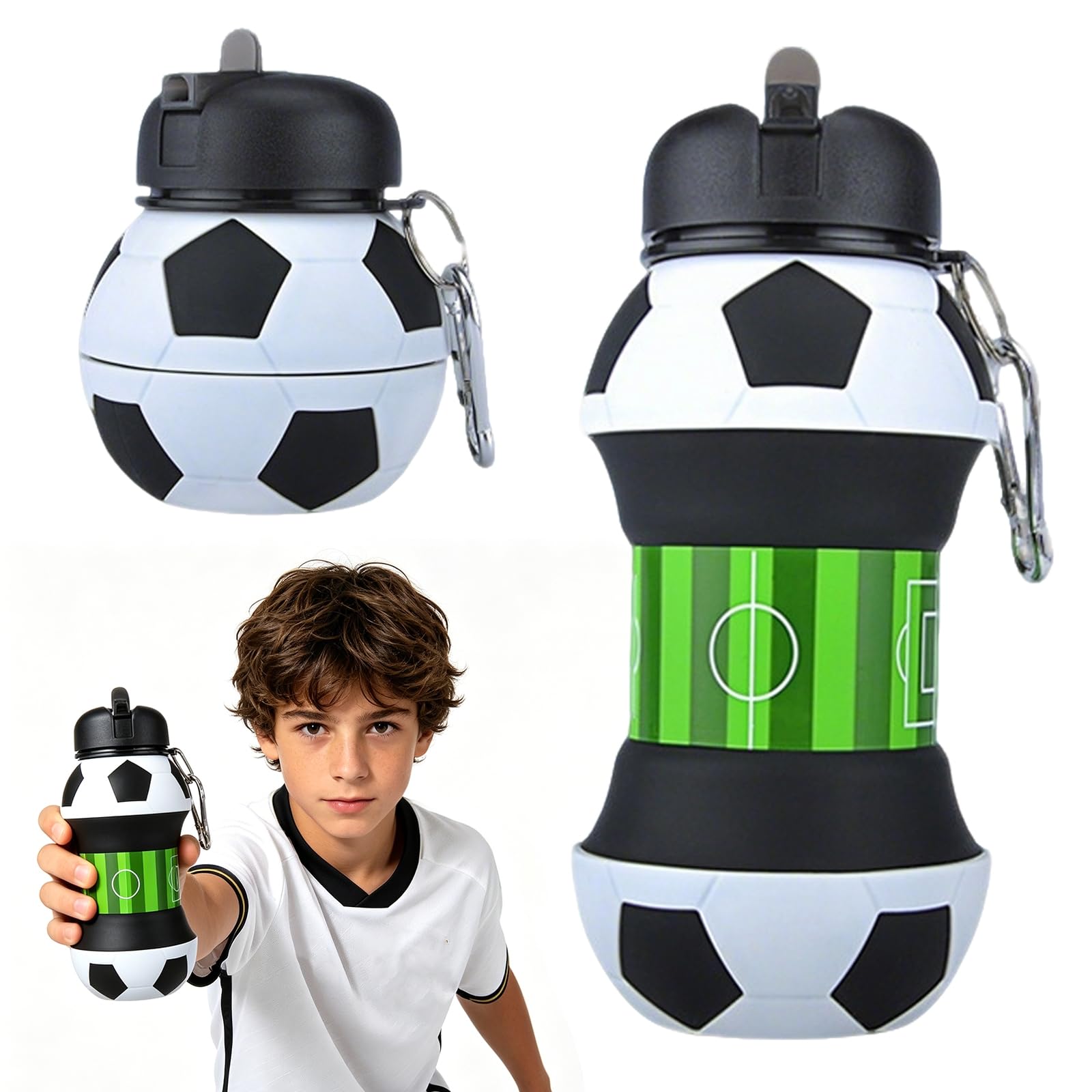 Feliciay Boys Football Collapsible Water Bottle, Football Gifts For And Girls, Silicone Expandable Sports Water Bottle 550Ml, Perfect For Birthday Gifts Durable Water Bottle With Straw Design