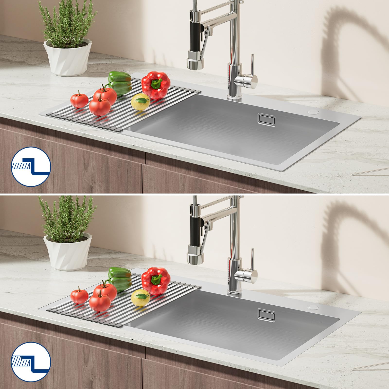 CECIPA Lavello Cucina 1 Vasca 75x45 cm, Lavandino Cucina con Tenda a Rullo Scarico, Lavello in Acciaio Inox 304 per Mobile di lunghezza 80cm con Sifone e Scarico
