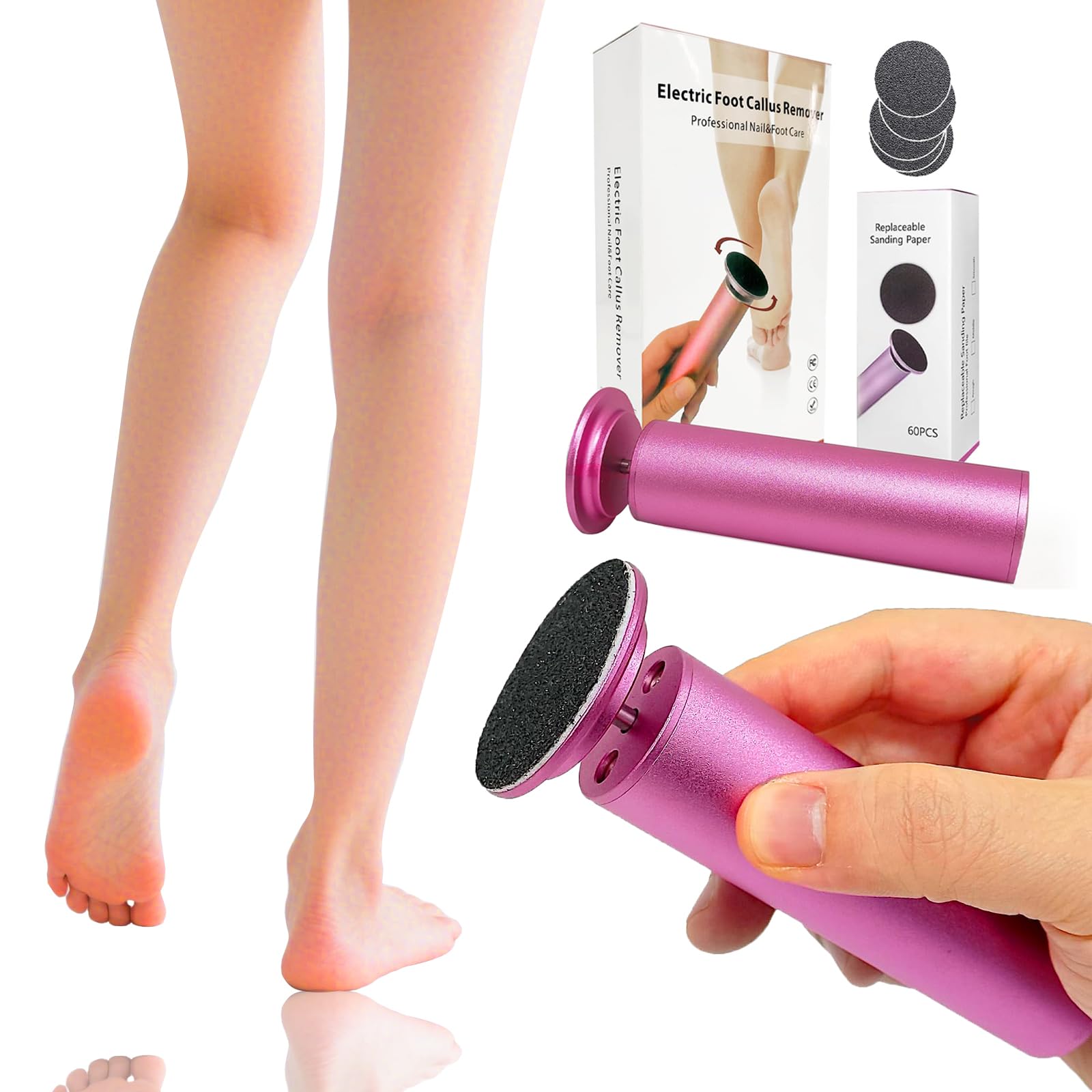 Removedor eléctrico de callos de pies, herramienta profesional de pedicura con 60 papeles de lijado, color rosa