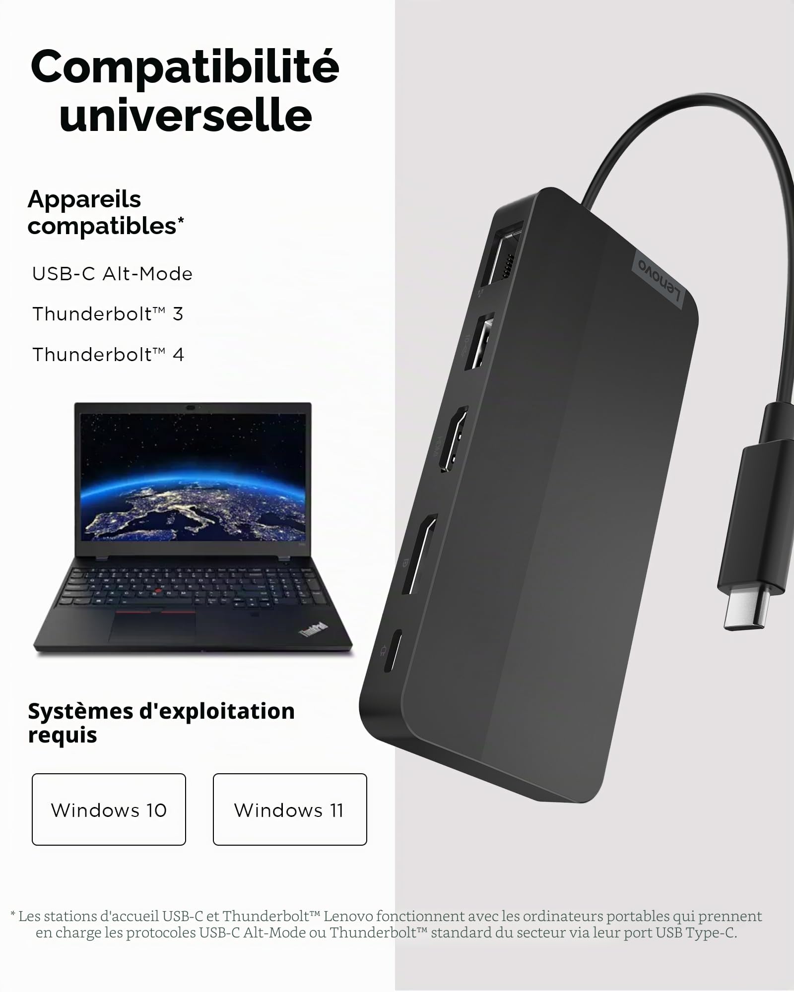 Lenovo Station d'accueil de Voyage USB-C à Double écran, 7 Ports, Ports HDMI et DP prenant en Charge Deux écrans à 4K, Passe PD jusqu'à 100 W, câble USB-C intégré, Noir