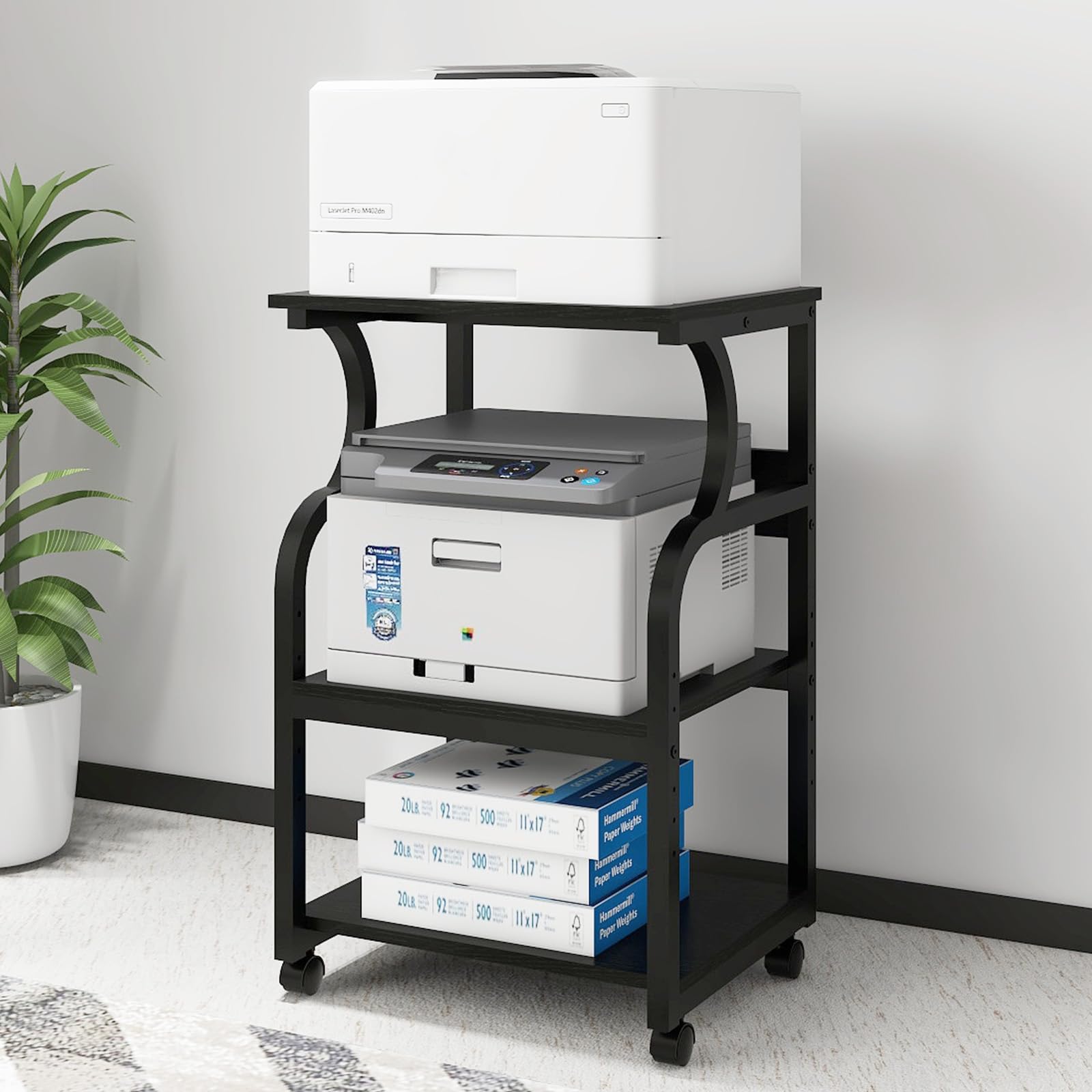 PUNCIA Grande supporto per stampante, 50 x 40 x 73 cm, con ripiano regolabile, carrello a 3 livelli con ruote per organizzazione di casa e ufficio, ripiani multifunzione per pressa a caldo, stampante