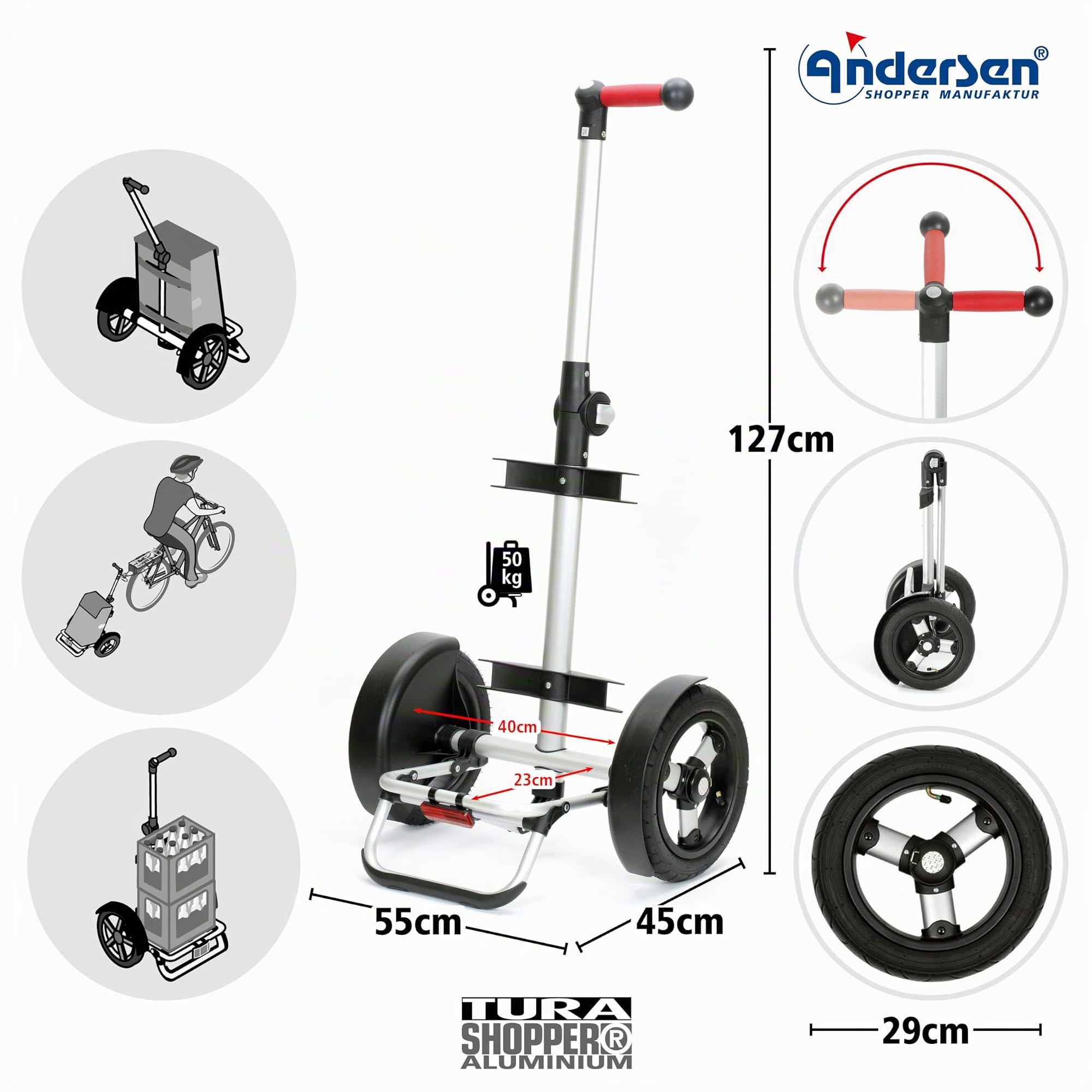 ANDERSEN Einkaufstrolley - Tura Shopper Ortlieb anthrazit | Fahrradanhänger, Luftbereifung, ergonomischer Griff, bis 50 kg - Tasche verschweißt, wasserdicht, Innenfach, 49 L