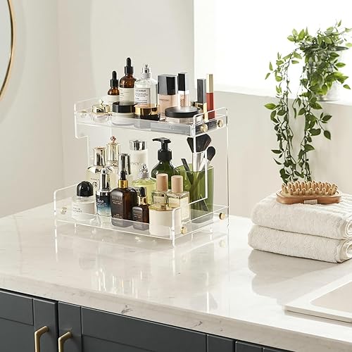 Miniatura 5 de SHUNLI Organizador de encimera de baño transparente, organizador de mostrador de pie de 2 niveles, organizador de baño, soporte de almacenamiento de