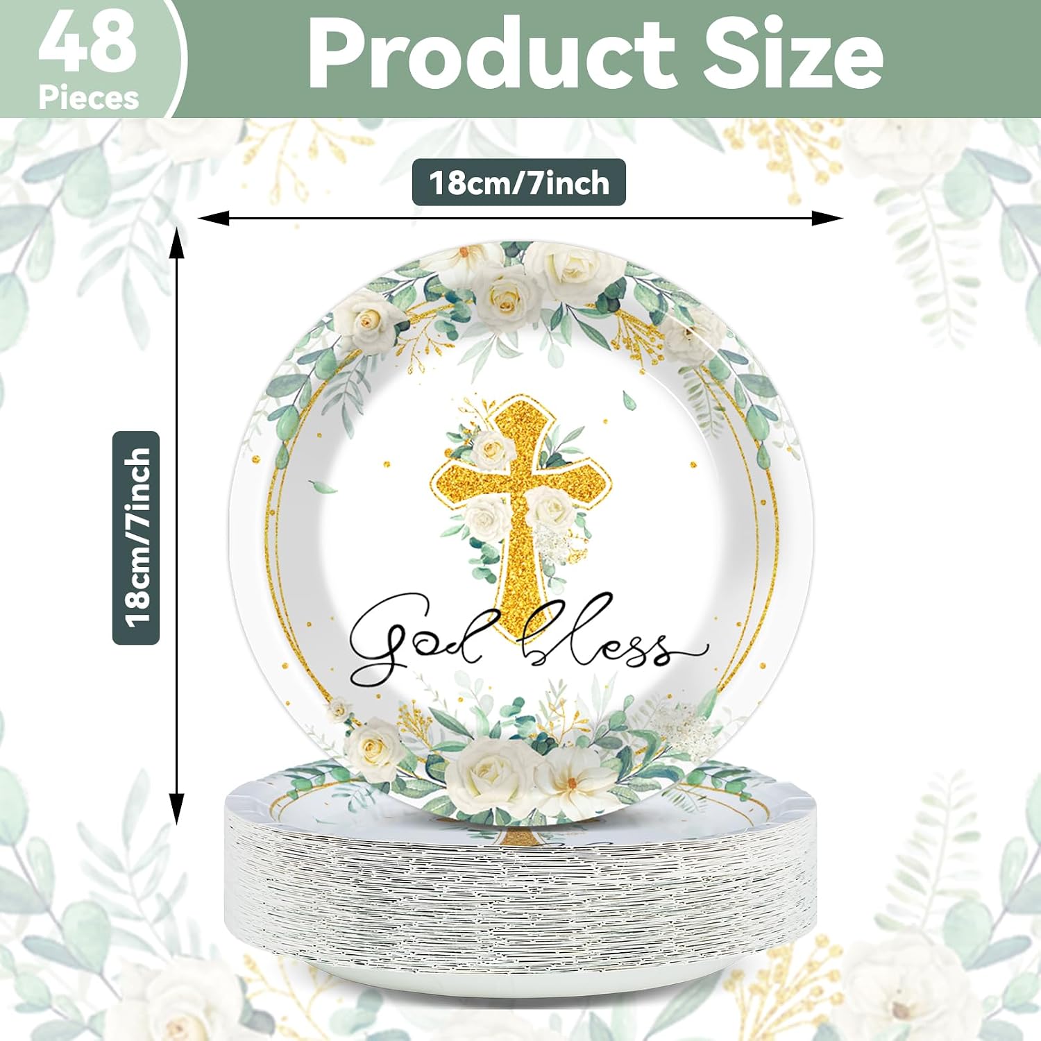 Naozinebi 48PCS Baptism Plates God Bless Baptism Party Decorations First Holy Communion Floral Tableware Mi Bautizo Disposable Paper Plate for Christening Ceremony Newborn Religious Favor 7inch