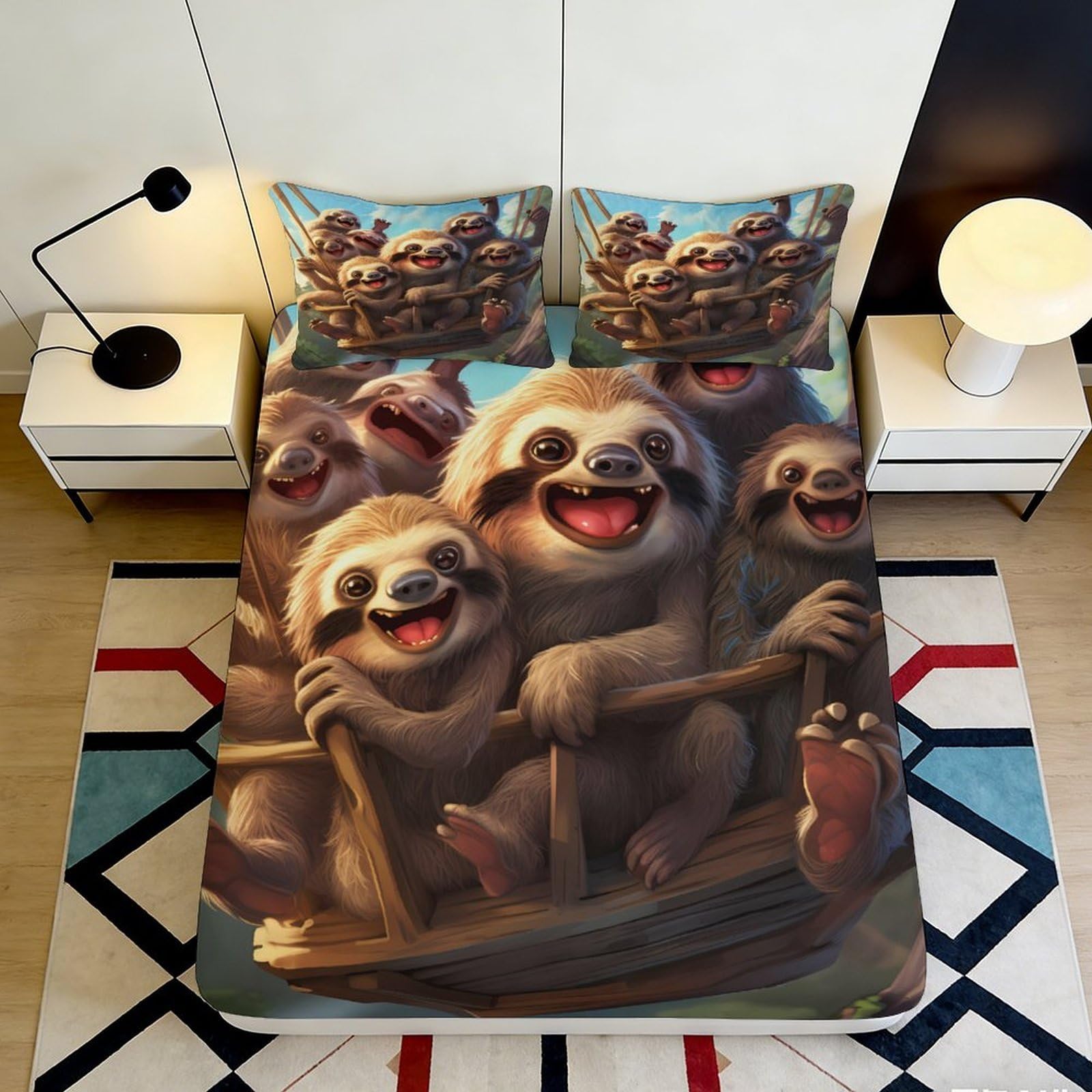 3D Printed Happy Sloth Family Fitted Sheet Microfiber Soft Breathable Cartoon Tree Mattress Cover Bedroom Dorm Decor 120x200cm 160x200x25cm