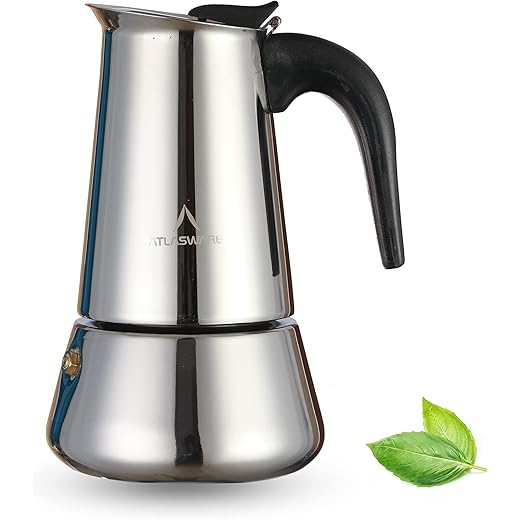Atlasware Stainless Steel Coffee Maker | Filter Coffee Black Tea Pot Compatible with Induction, Gas Stove | Durable Compact BPA Free Espresso Percolator for Home, Kitchen and Travel (Silver, 4 Cup)