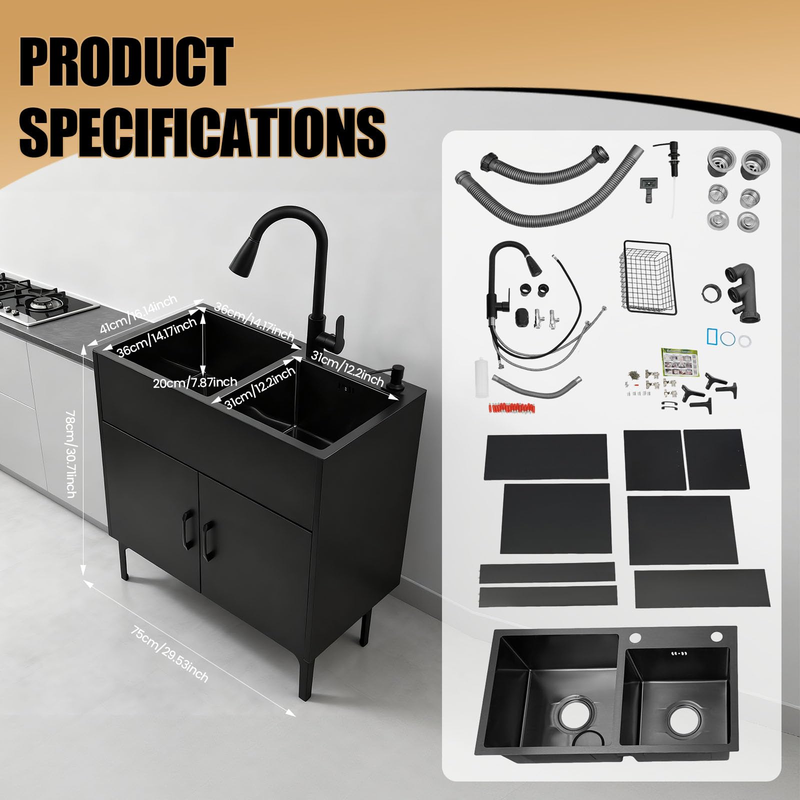 Freistehende Küchenspüle mit Schrank und ausziehbarem Wasserhahn, Edelstahl Gewerbliche Spültisch Doppelbecken Küchenspüle mit Entwässerungskorb und Abflusseinheit für Küche Wäsche/Schwarz 75x41x78cm