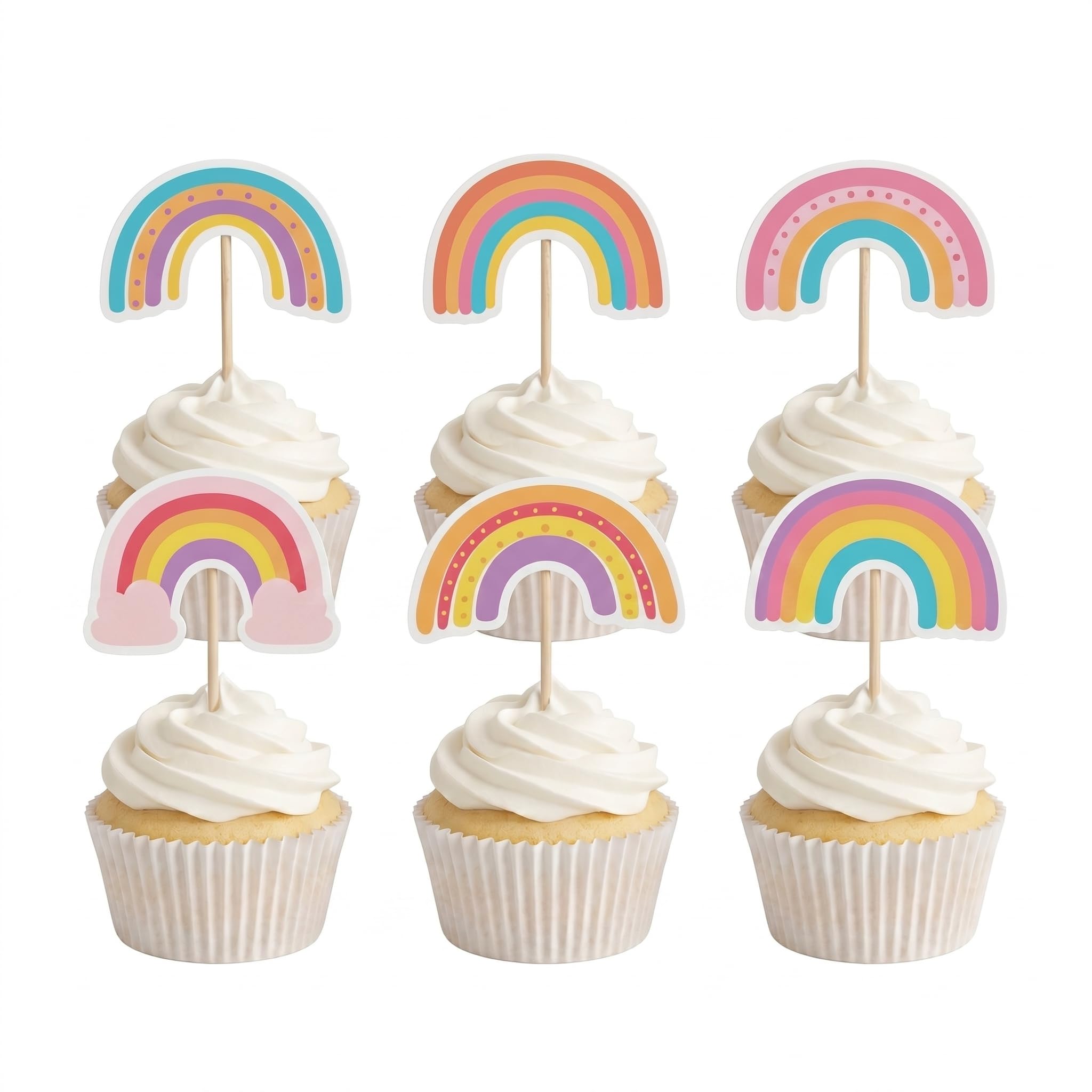 Arthsdite 24Pcs Rainbow Cupcake Toppers, Boho Pastel Rainbow Picks for Kids Birthday, Baby Shower, Gender Reveal Party Dessert Decorations — image 1