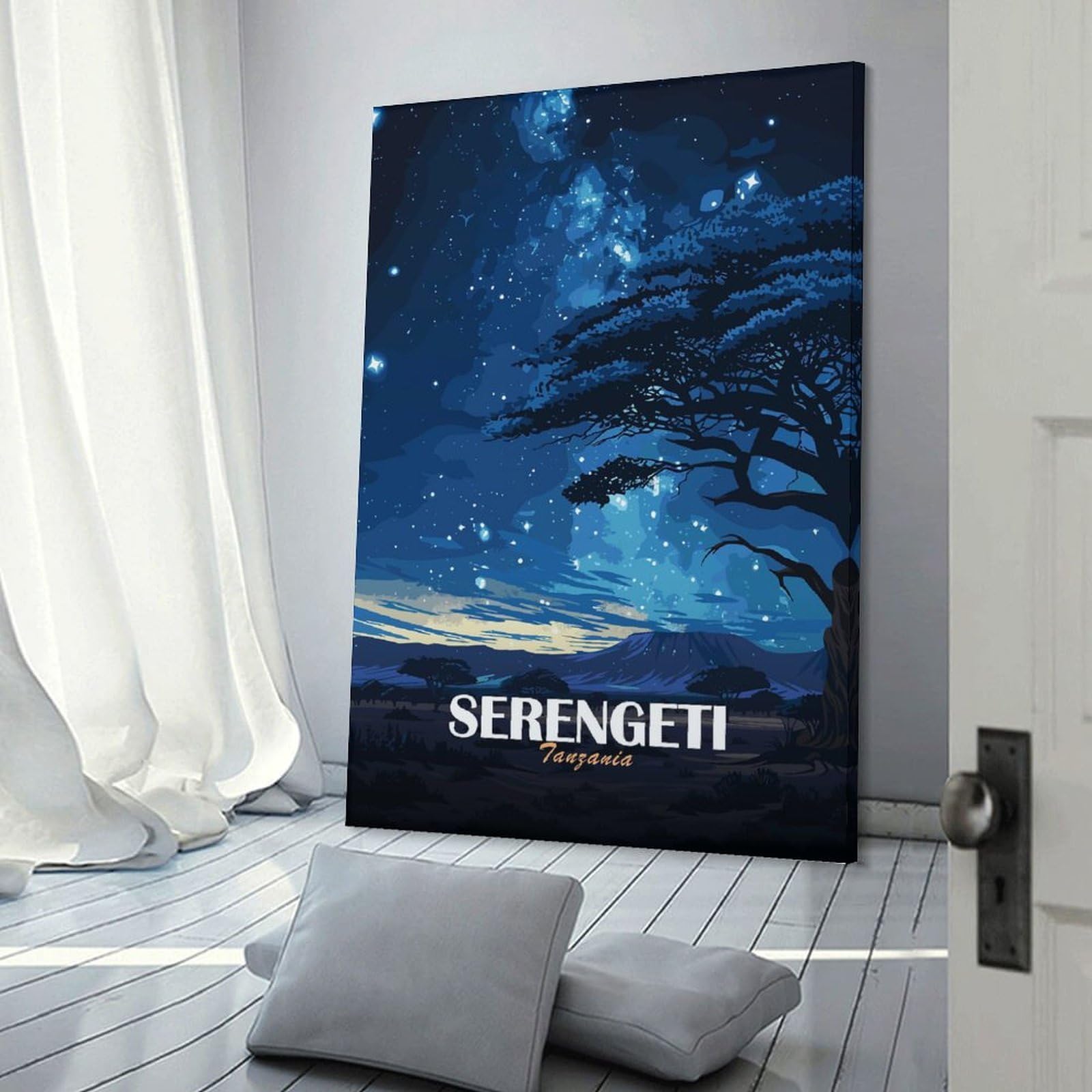 Junmoney Wall Picture Print Serengeti Tanzania Night Sky, 24x36inch(60x90cm), for Entryway, Lounge Links Or Small Walls, Home Artwork for First Impressions