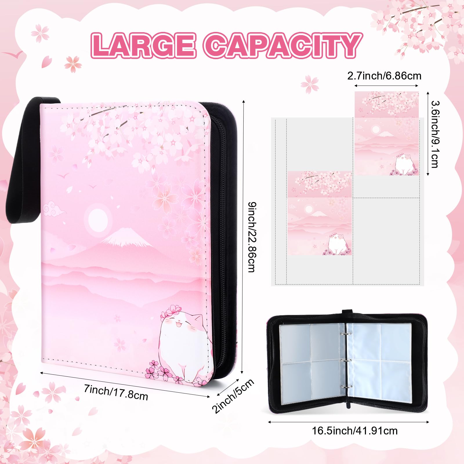 Aliceset Card Binder for Girls Gifts 4 Pocket with 55 Sleeves 440 Cards Collectible Trading Binder Case Cute Album Holder Book for Game Sports Collection Organizer Supply(Sakura Cat)