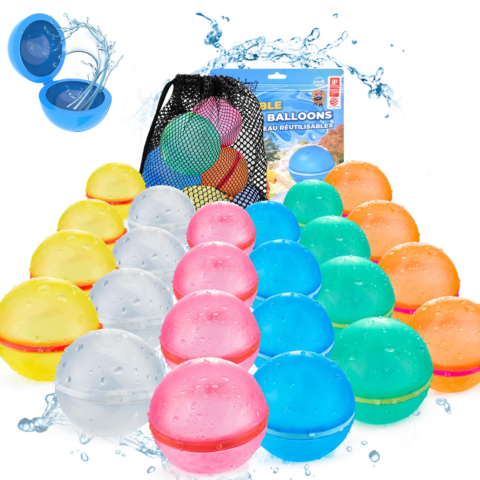 24 PCS Reusable Water Balloons, Refillable Magnetic Water Balls for Outdoor Games, Self Sealing Water Splash Bomb Quick Fill for Summer Fun, Pool Beach Toys for Kids Ages 3-12