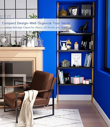 Miniatura 5 de DKLGG Estantería de pared con escalera industrial, estante para libros montado en 5 niveles, estante de exhibición abierto con marco de metal,