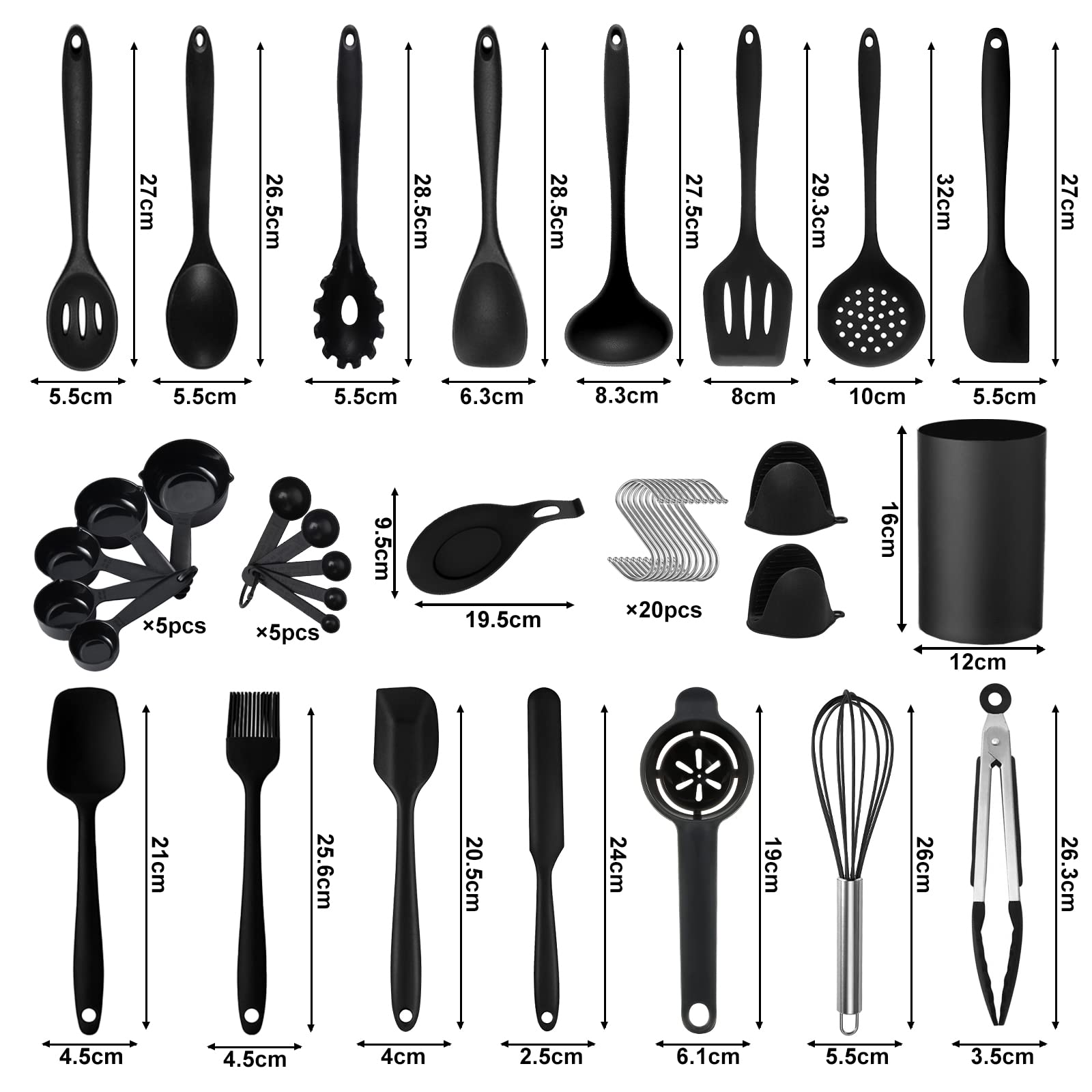 Set di Utensili da Cucina in Silicone Accessori 49PCS , con 20 Ami, Resistenti al Calore Antiaderenti Spatola da Cucina, Nero