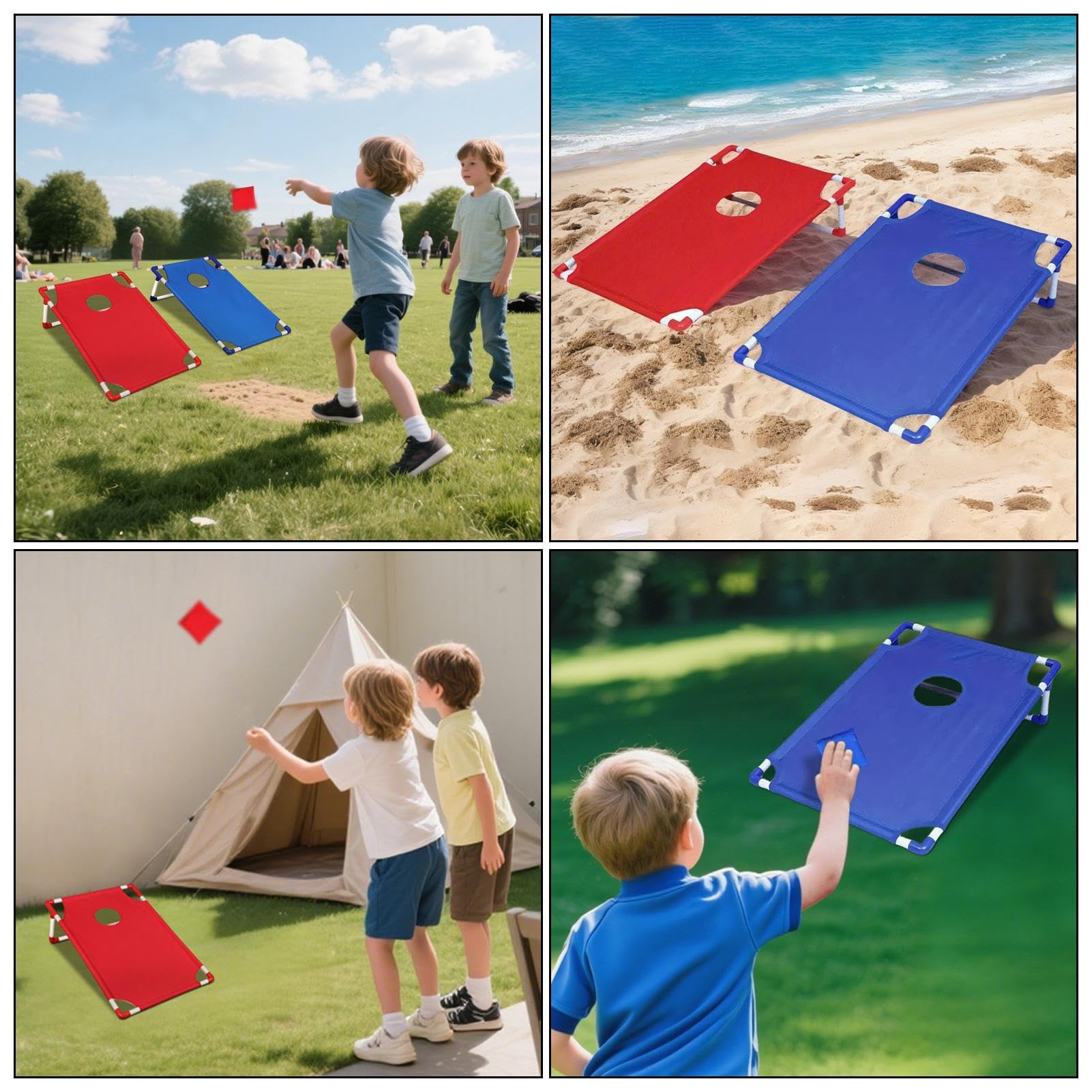 Cornhole-Spiel für den Außenbereich, tragbares Wurfspiel mit 8 Cornhole-Taschen und Tragetasche, PVC-Rahmen für Terrasse, Garten, Rasen, Camping