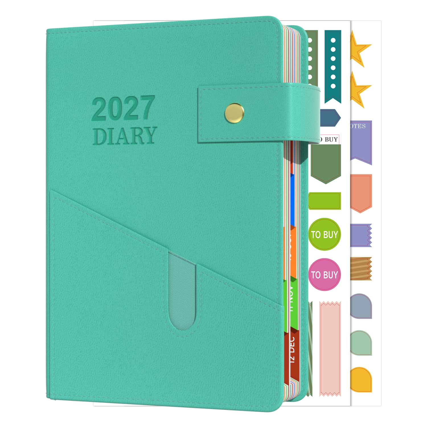 Sailingvan Diary 2027 A5 Page a Day with Button Strap,January 2027-December 2027, Monthly Overview Daily Planner, Colorful Monthly Tabs, Front Pocket, Pen Holder & Planning Stickers (8.5'' x 5.8'')