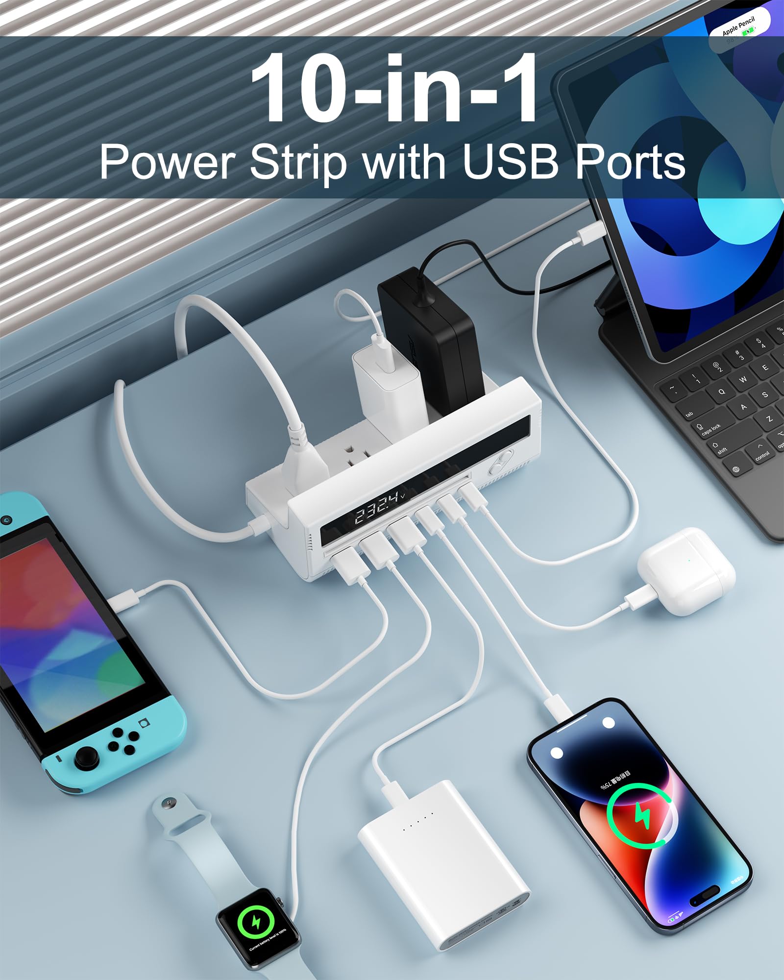 USB-Netzteil, 4 AC-Ausgänge, 3 USB-C-Anschlüsse und 3 USB-A-Anschlüsse, weiß