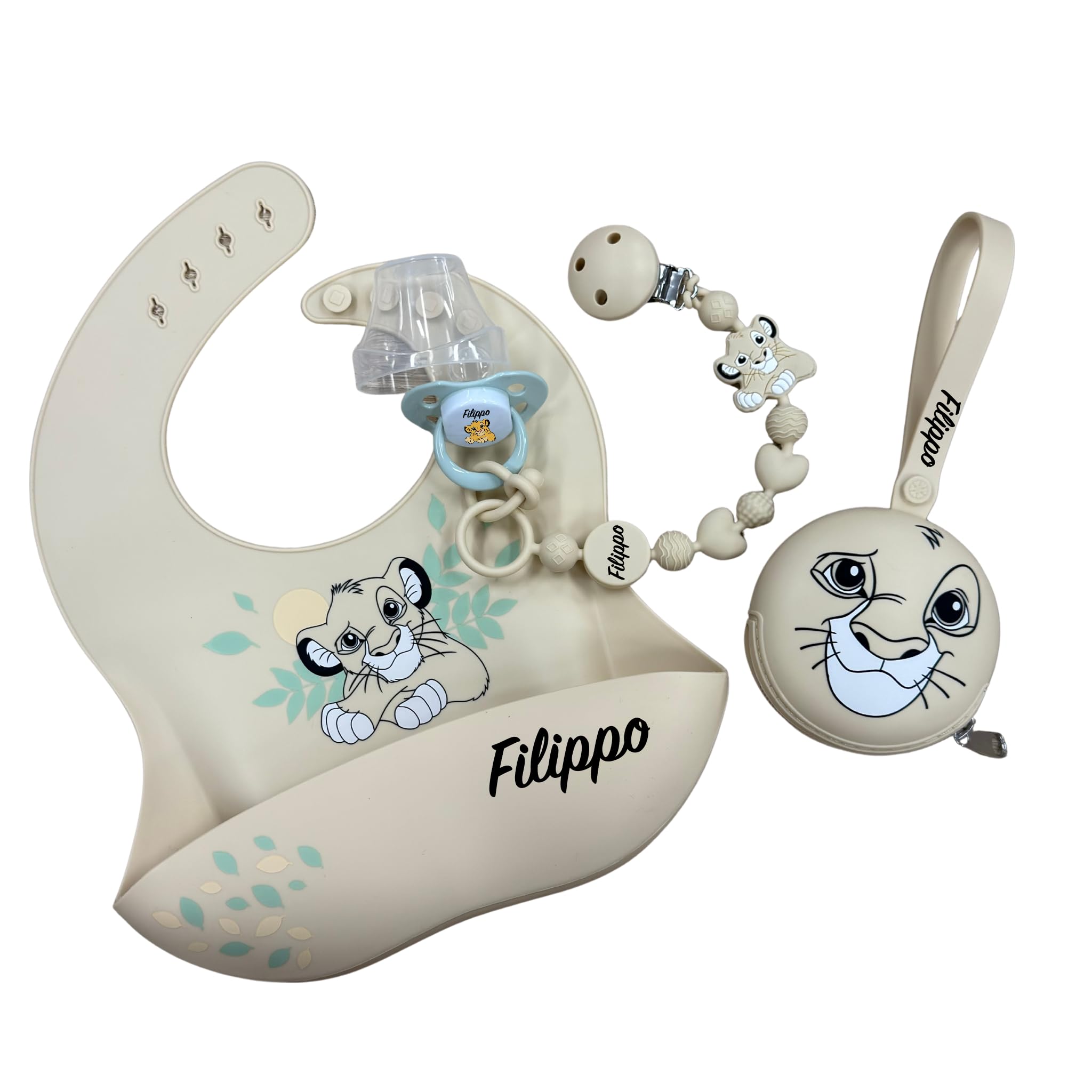 Cadena para chupete de silicona personalizada con nombre – Modelo Bubble Charm – Clip seguro – Idea regalo nacimiento – León