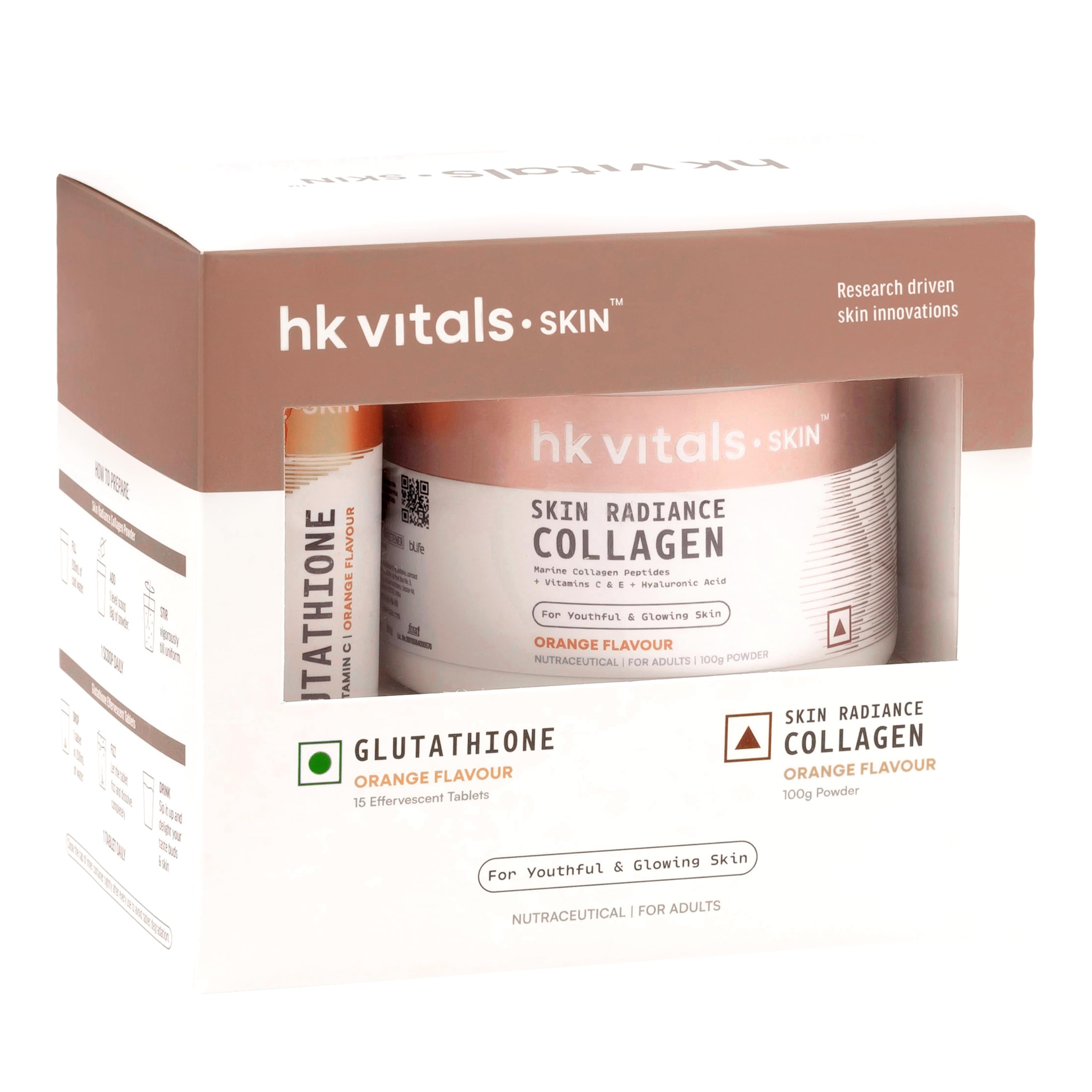 hk vitals Marine Collagen Supplement (Orange, 100g) & Glutathione Effervescent (Orange, 15 Tablets) | Combo Pack