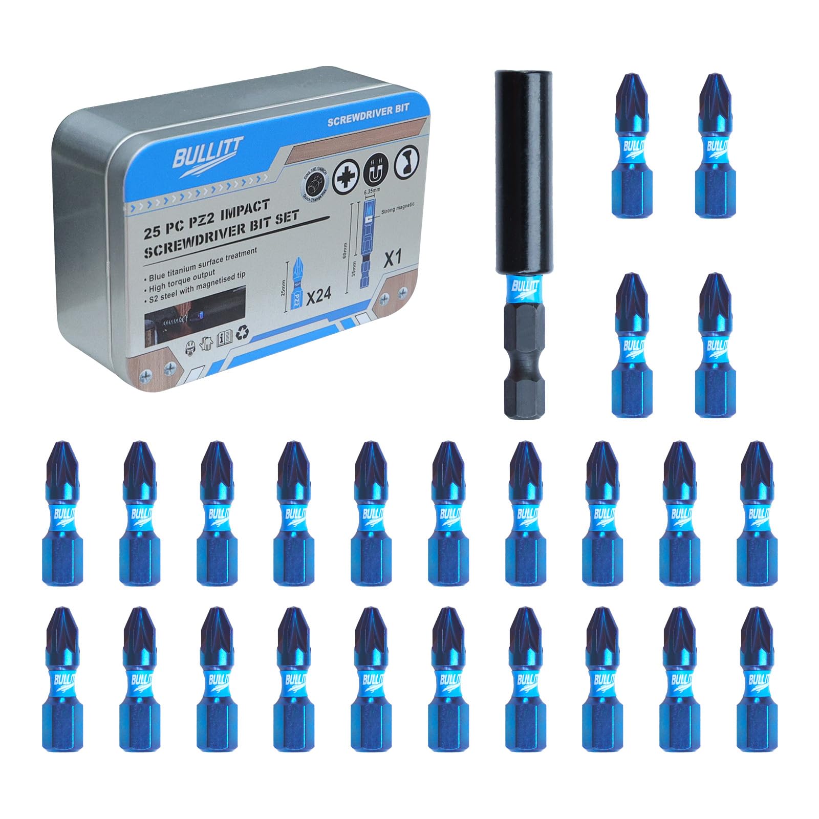 BULLITT Screwdriver Bits set,24Pcs 25mm PZ2 Impact Screwdriver Bits with 1/4" Hex Shank,Single Ended PoziDriv No.2 Heavy Duty,S2 Steel with Magnetised Tip+One Strong Magnetic Bit Holder in One Tin Box