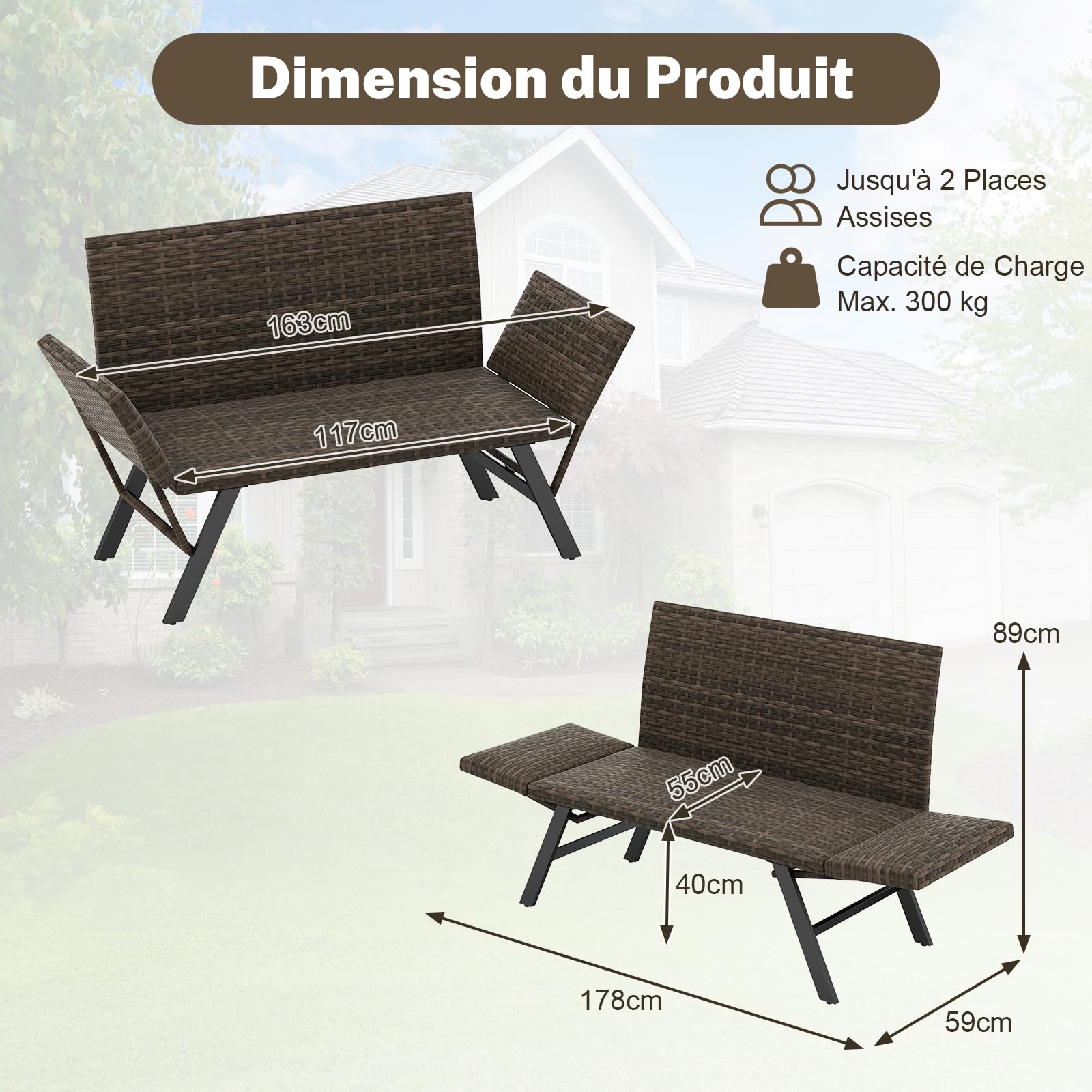GIANTEX Canapé Jardin en Rotin 2 Places, Banquette Convertible Extérieur avec Accoudoirs Réglables, Design Tressé, Longueur 163-178cm, Charge 300 kg, Transat de Jardin pour Terrasse, Balcon, Piscine