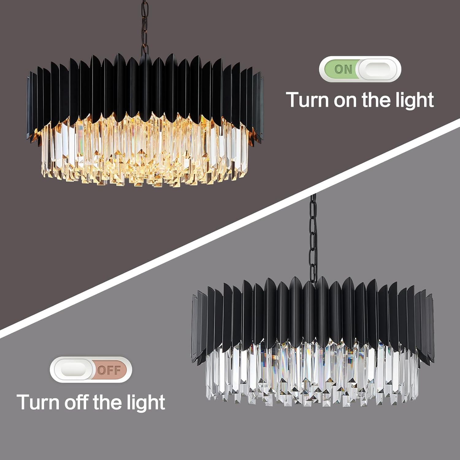 Modern Black Crystal Chandelier 24" Round Chandeliers 8-Lights Ceiling Pendant Light Fixtures 5 Tiers for Dining Room Living Room Bedroom Foyer Entryway
