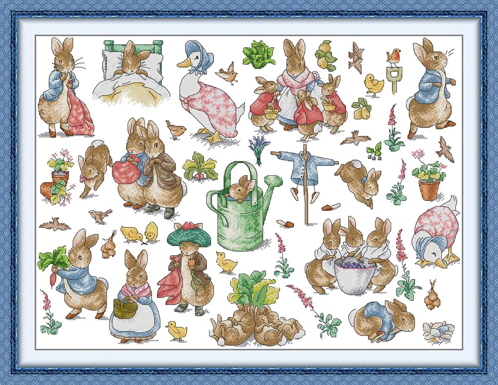 Gofission 14ct Stamped Cross Stitch Kits for Adults Beginners, Peter Rabbit Garden DIY Pre Printed Cross Stitch Embroidery Set with Accessories Wall Decor 63x48cm (Garden)