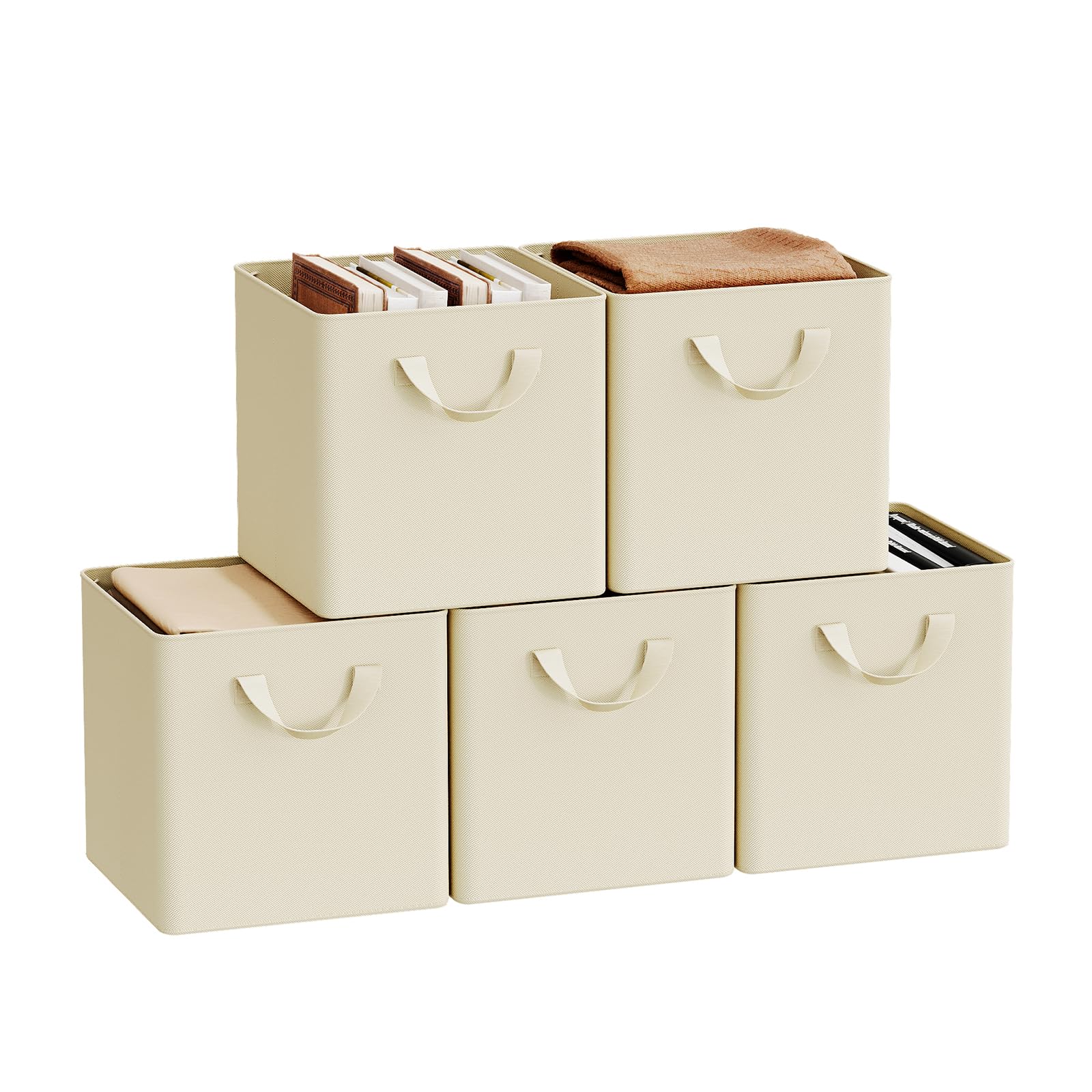 WOLTU Cajas Plegables de Almacenaje en Tela, Pack 5, Cajas de Almacenamiento Ropa, Cestas Organizadoras para Estantería y Armario, con Asas y Armazón Metálico, 26x26x26,5 cm, Crema