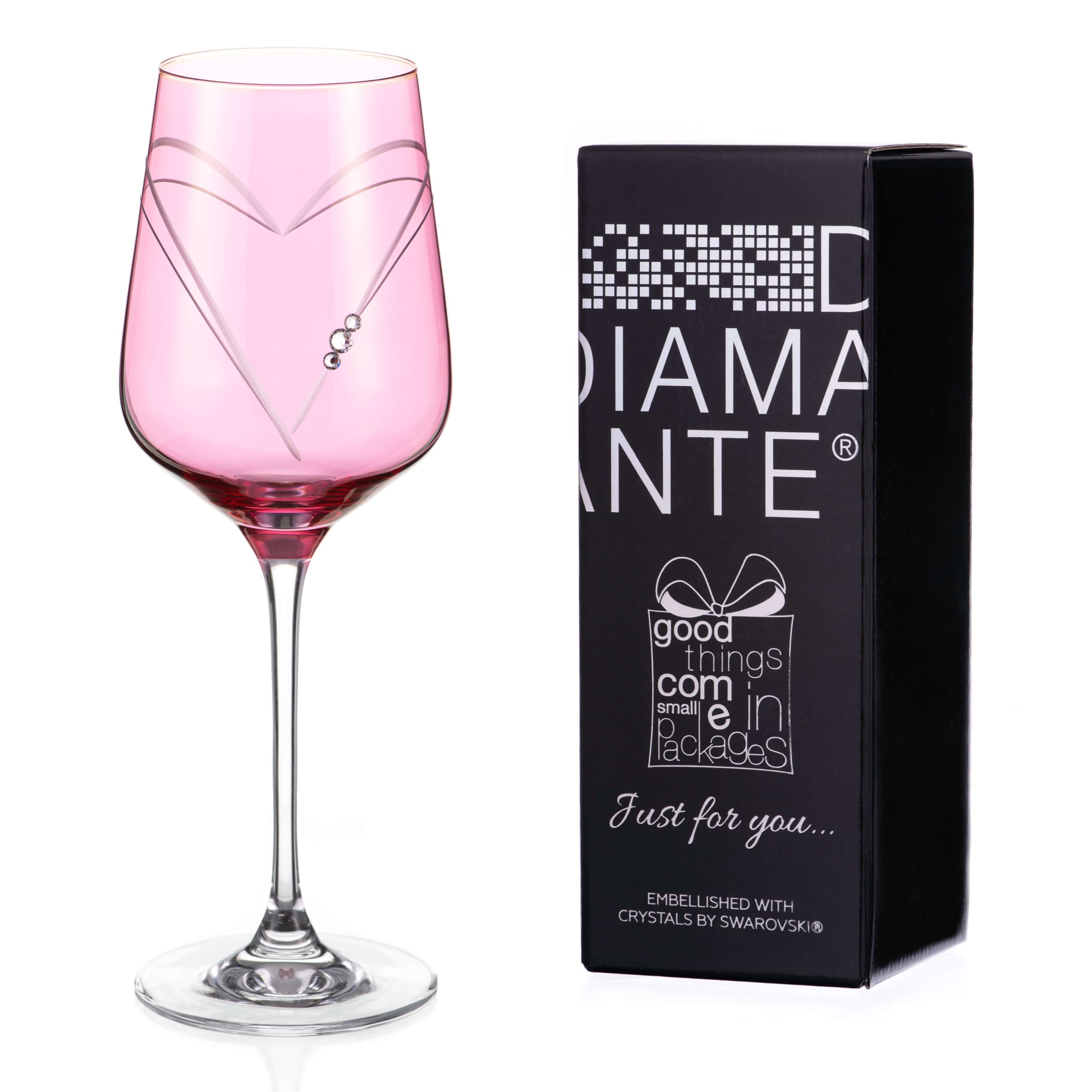 DIAMANTE Spritz Wine Glass - Pink Hearts - Single Pink Coloured Giftable Wine Glass with Swarovski Crystals in Gift Box