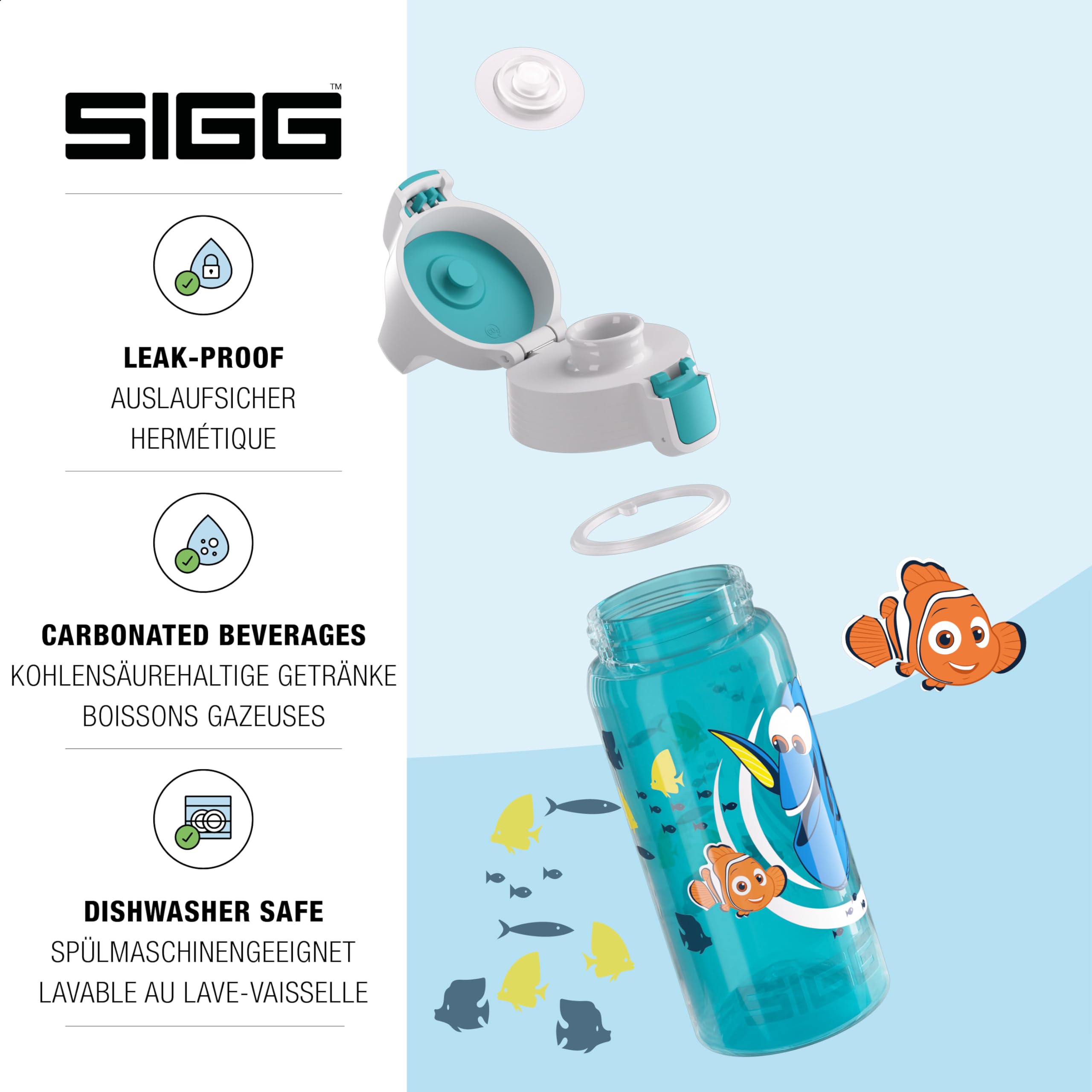SIGG VIVA ONE Dory Cantimplora infantil (0.5 L), botella transparente sin sustancias nocivas y con tapa hermética, cantimplora para niños para usar con una mano